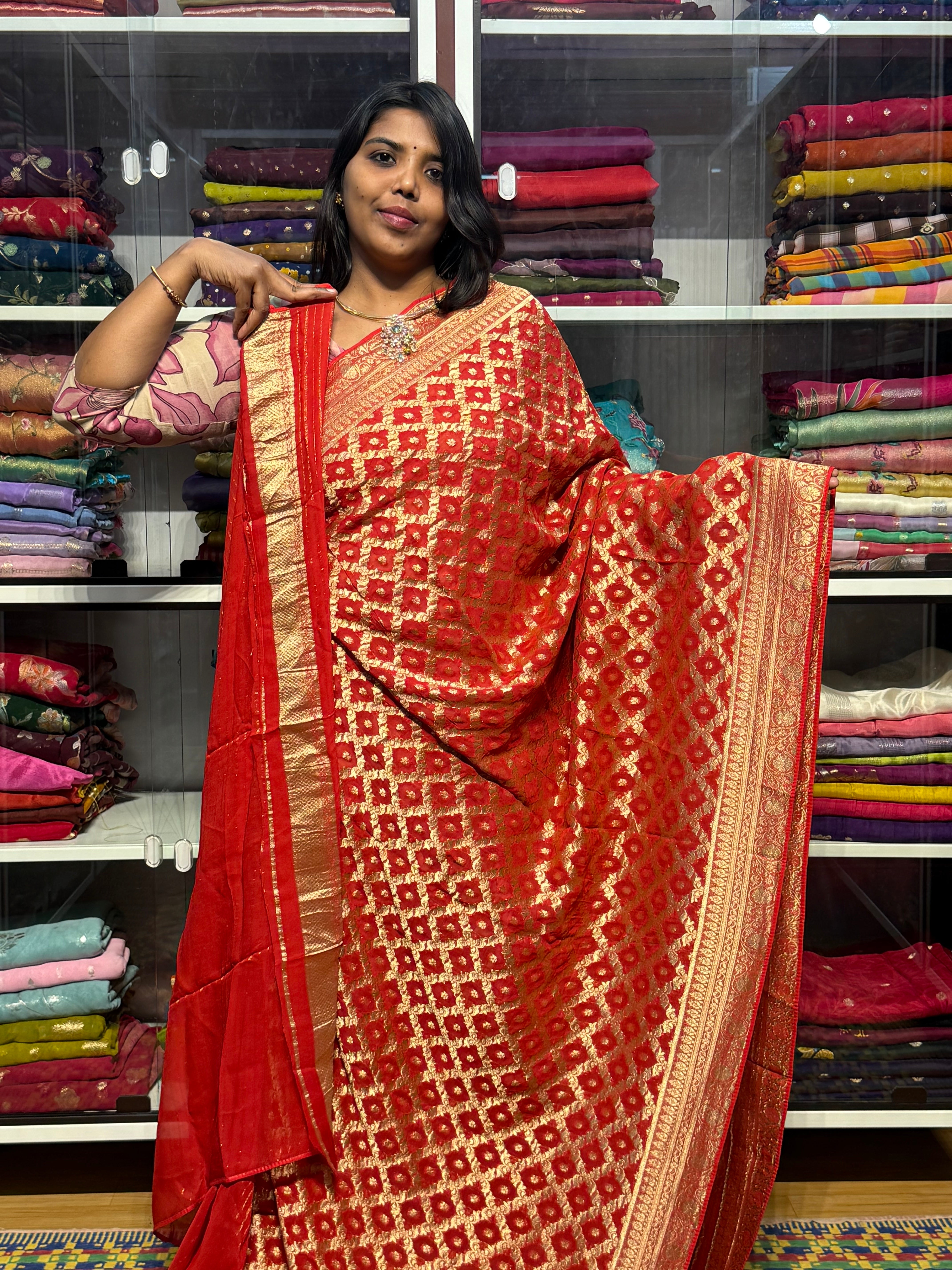 PURE BANARAS KHADDI GEORGETTE WITH JAAL PATTERN : RED