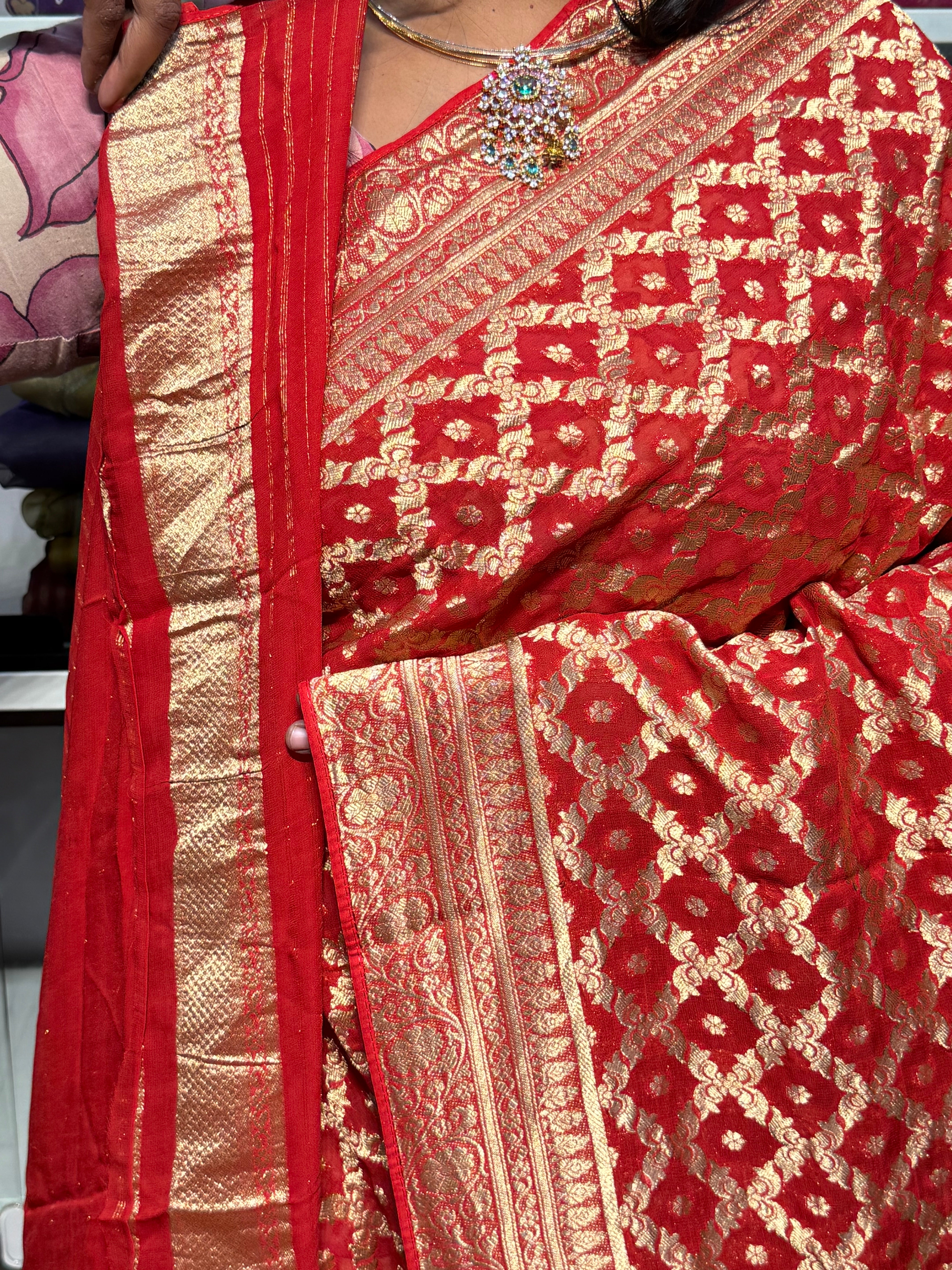 PURE BANARAS KHADDI GEORGETTE WITH JAAL PATTERN : RED