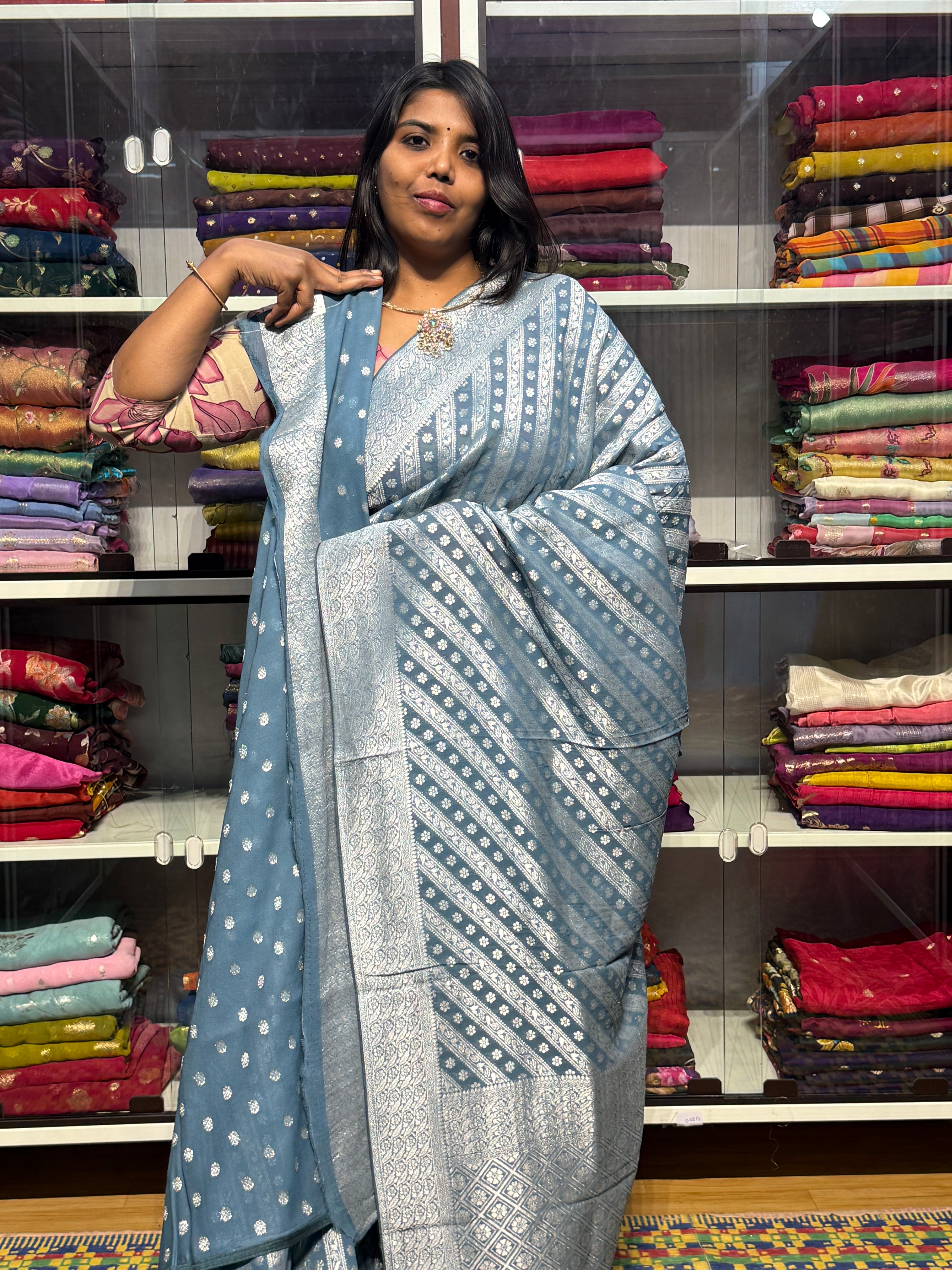 PURE BANARAS KHADDI GEORGETTE : GREY