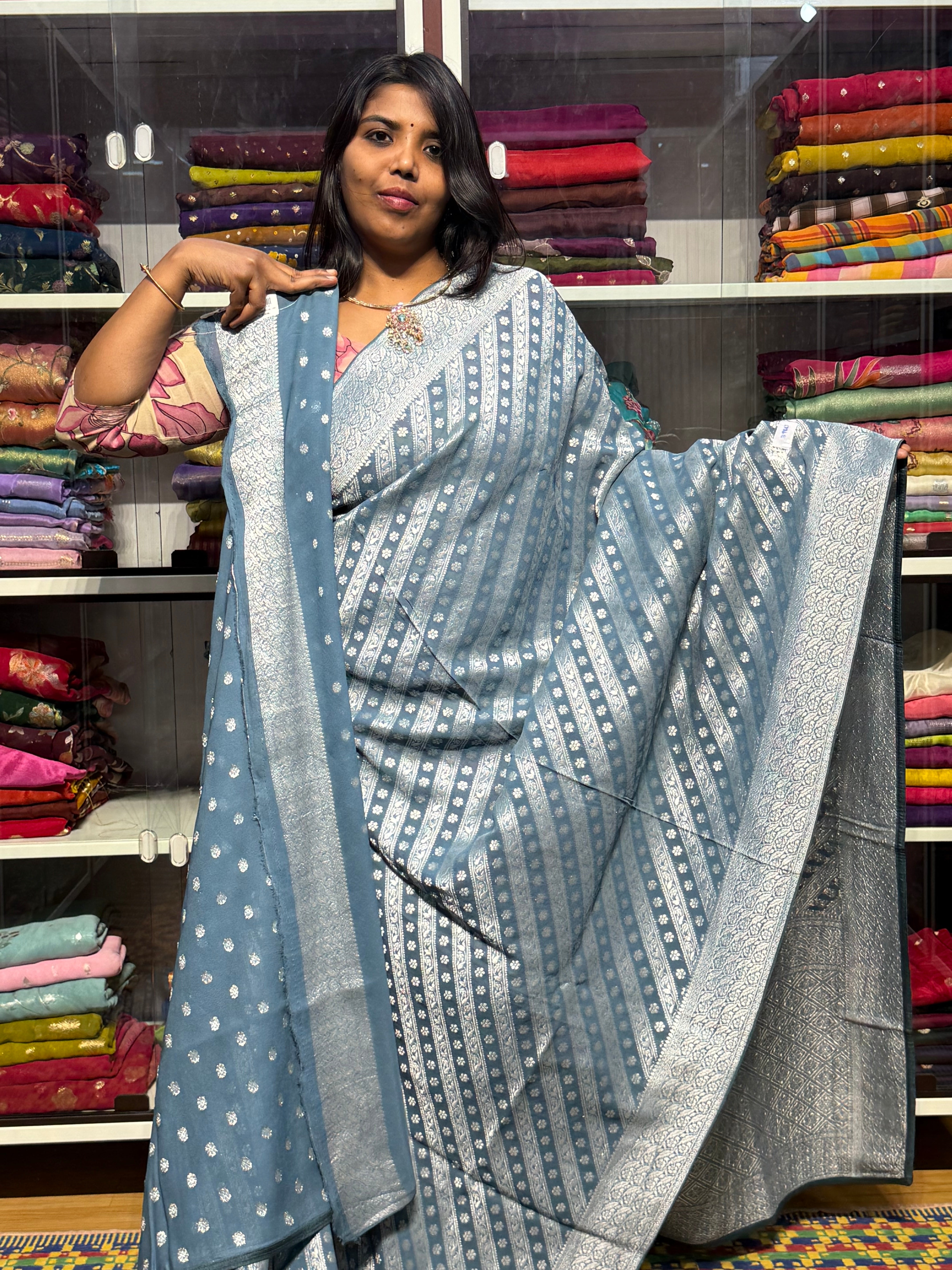 PURE BANARAS KHADDI GEORGETTE : GREY