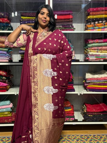 PURE BANARAS KHADDI GEORGETTE WITH MANGO BORDER: WINE