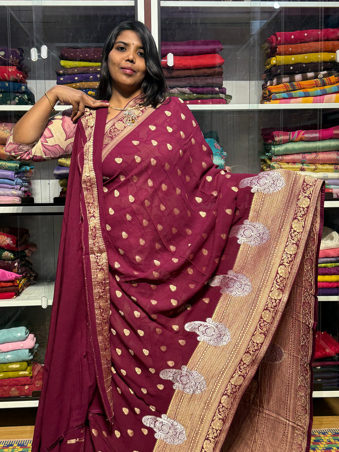 PURE BANARAS KHADDI GEORGETTE WITH MANGO BORDER: WINE