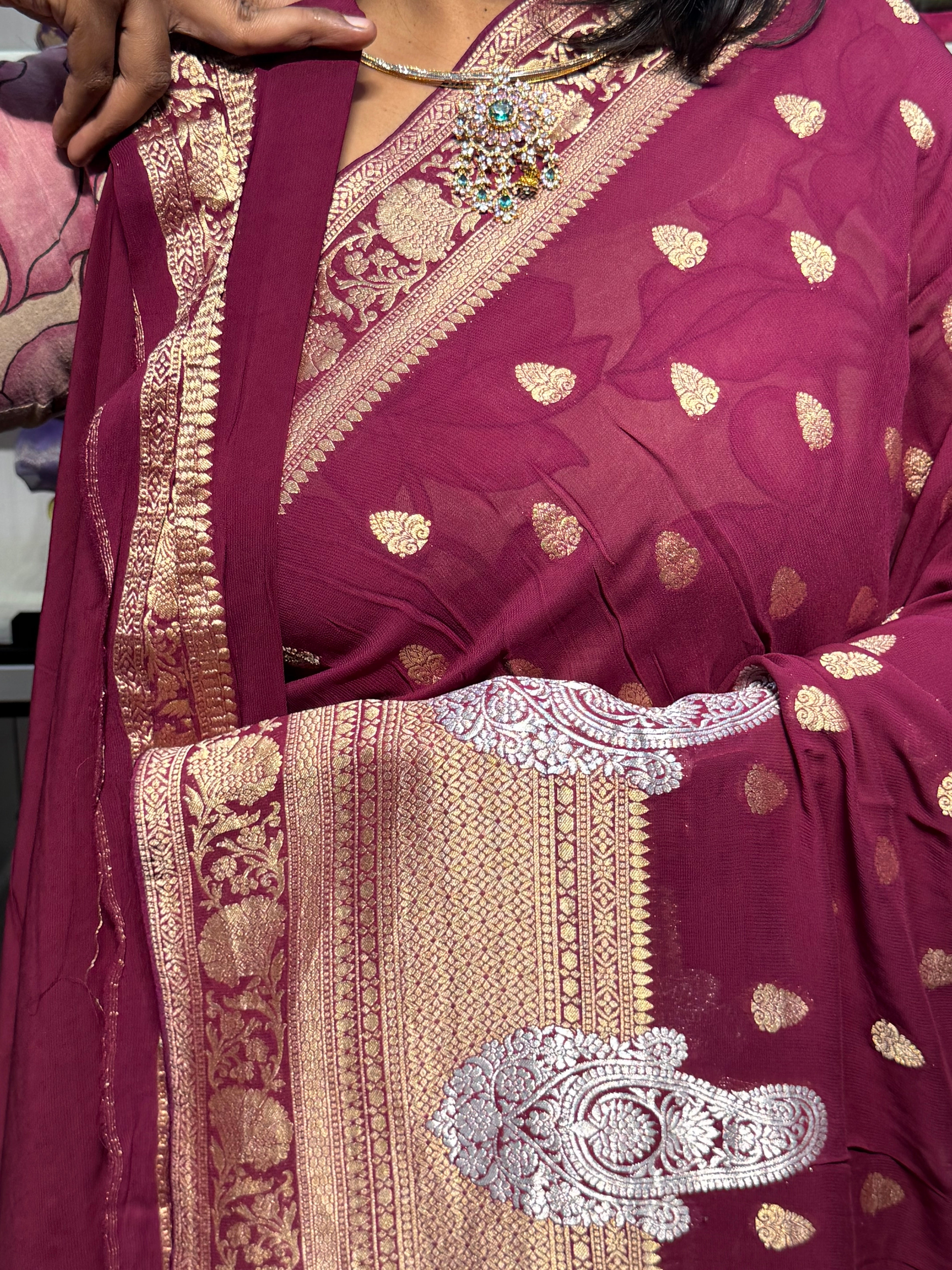 PURE BANARAS KHADDI GEORGETTE WITH MANGO BORDER: WINE