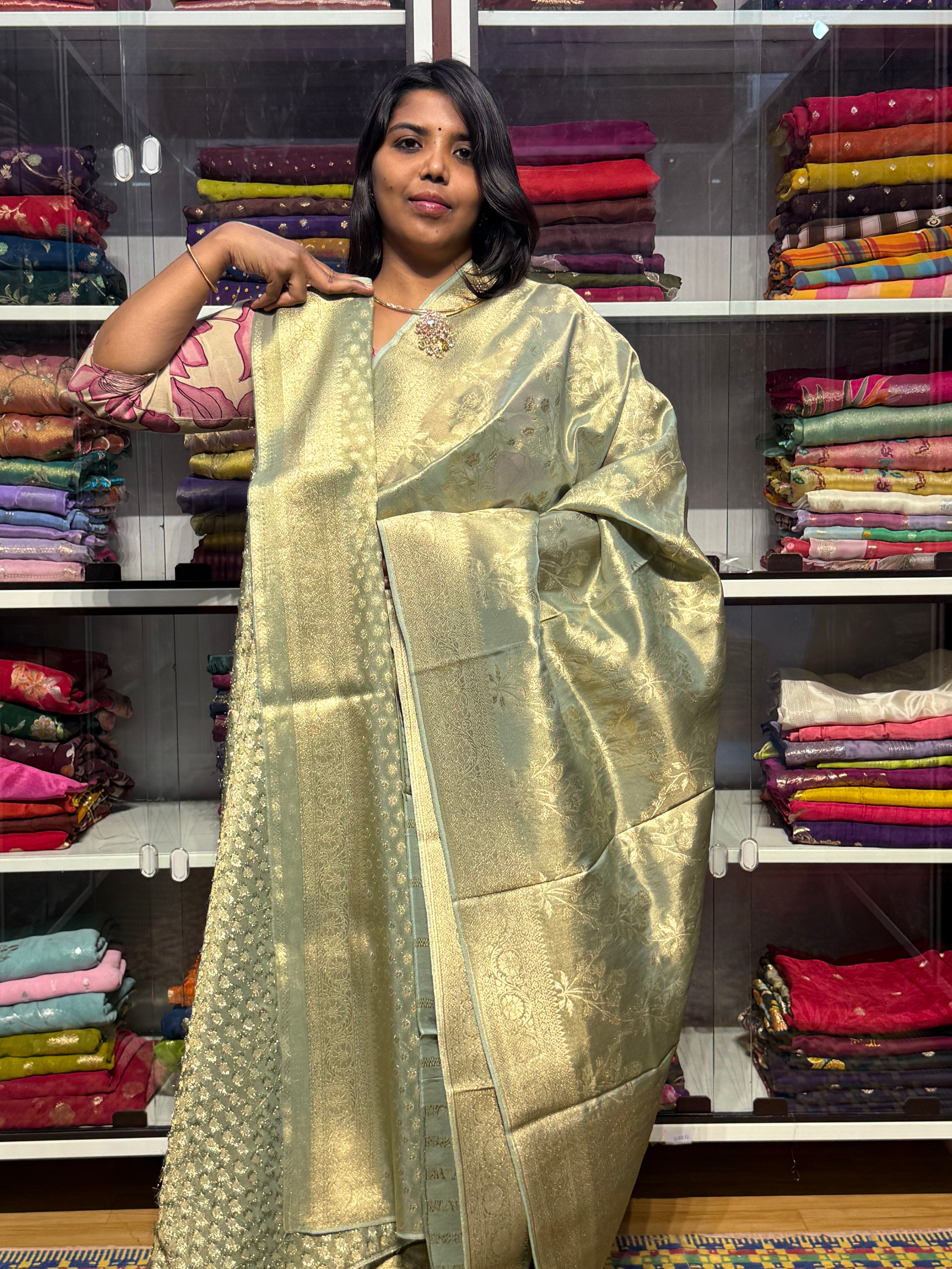 PURE BANARAS TISSUE SAREE: SEA GREEN
