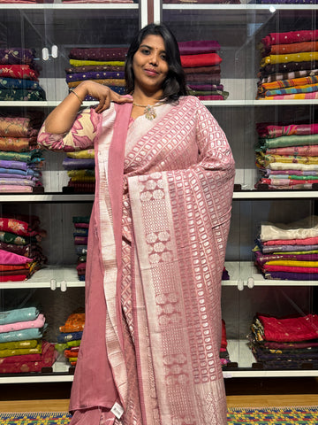 PURE BANARAS KHADDI GEORGETTE WITH CHECKS : ONION PINK