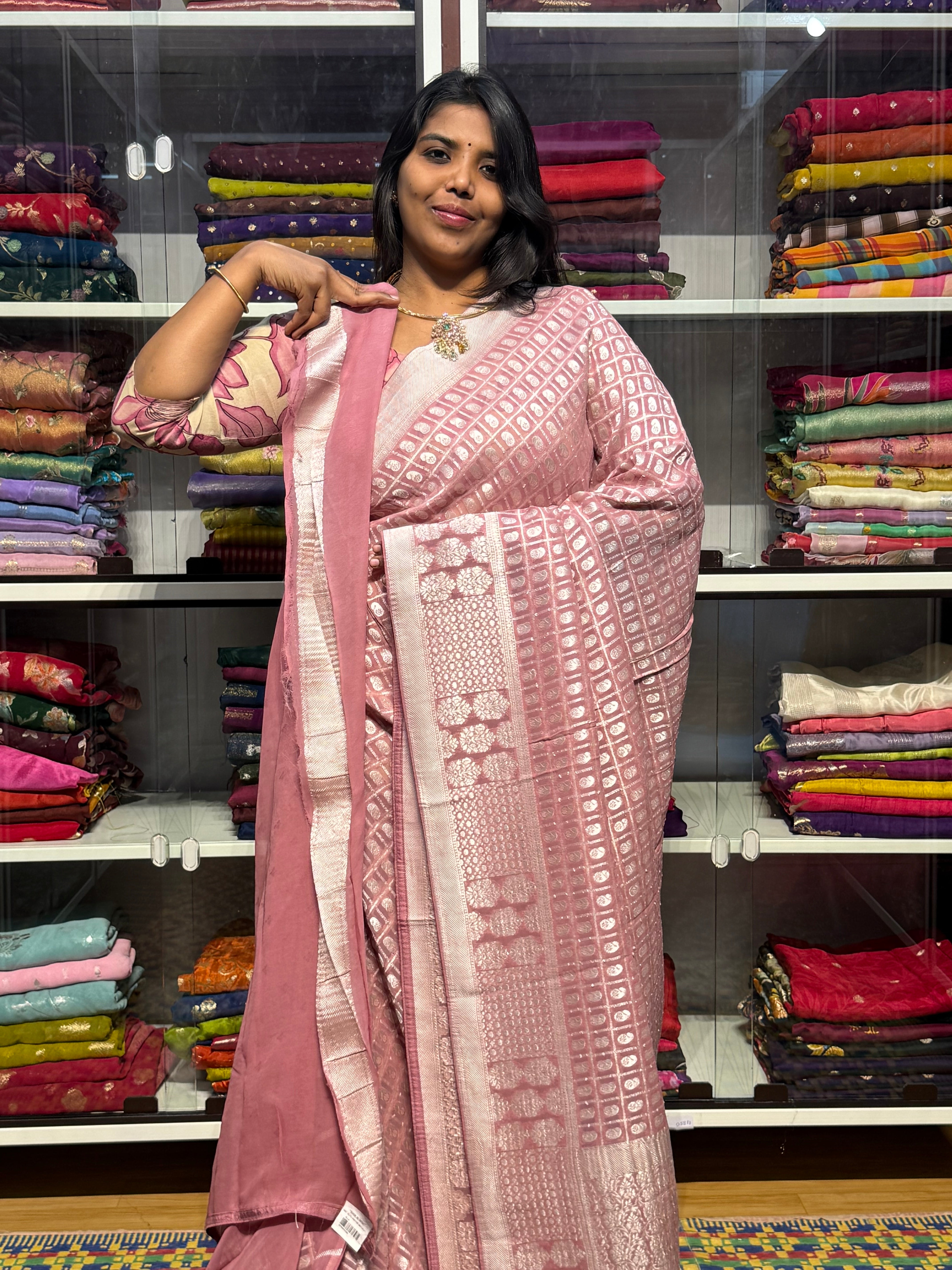 PURE BANARAS KHADDI GEORGETTE WITH CHECKS : ONION PINK