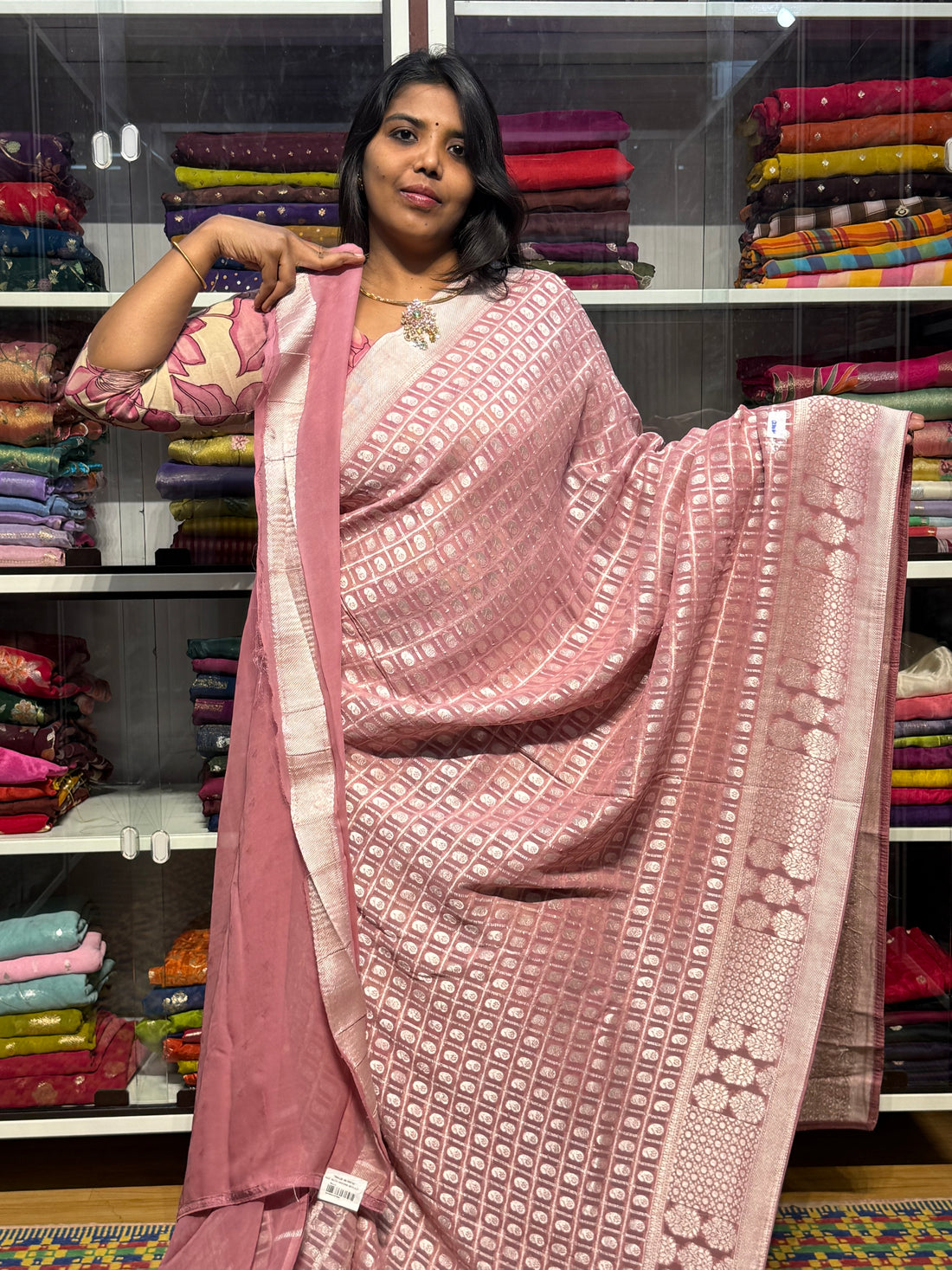 PURE BANARAS KHADDI GEORGETTE WITH CHECKS : ONION PINK