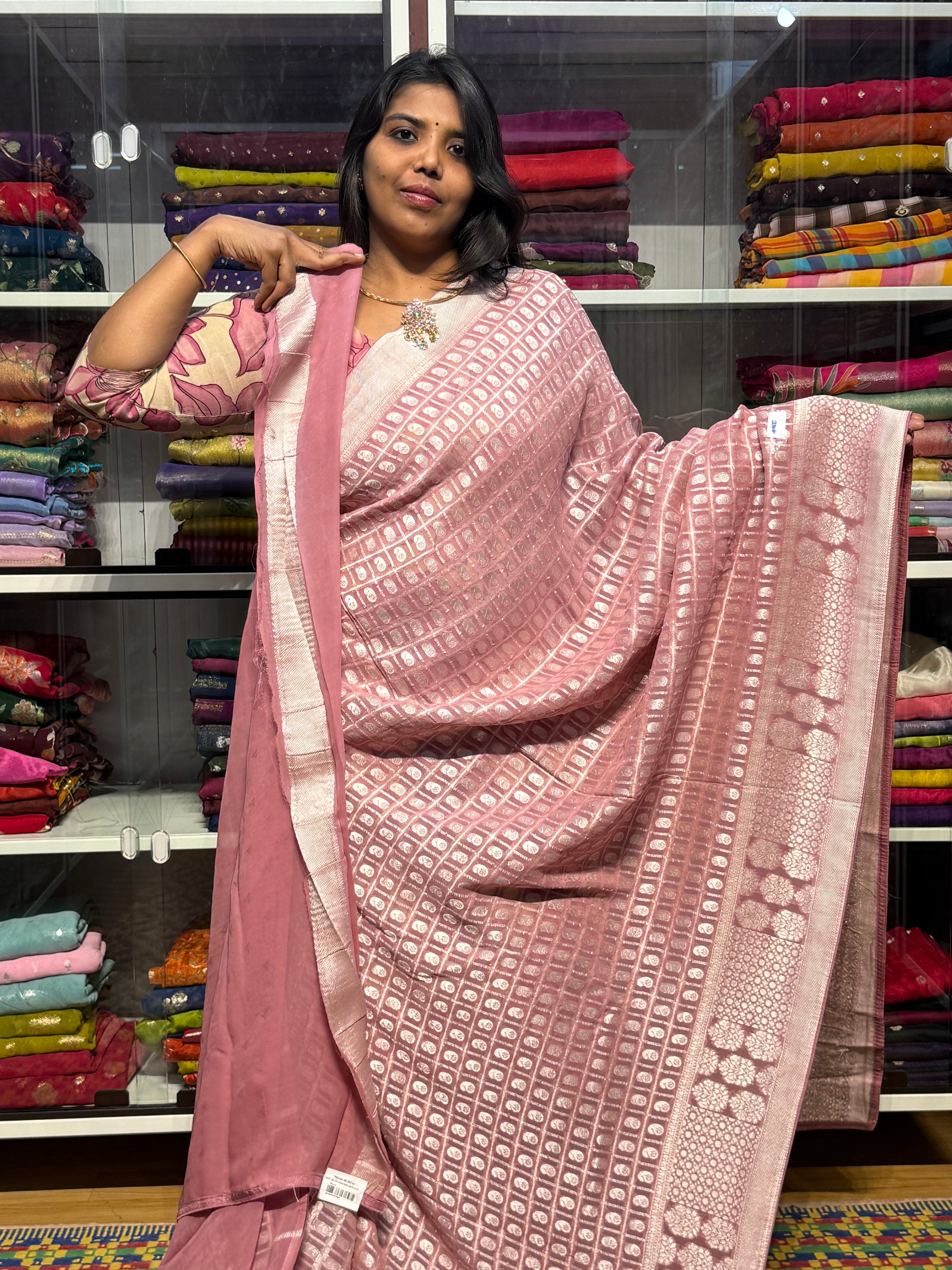 PURE BANARAS KHADDI GEORGETTE WITH CHECKS : ONION PINK