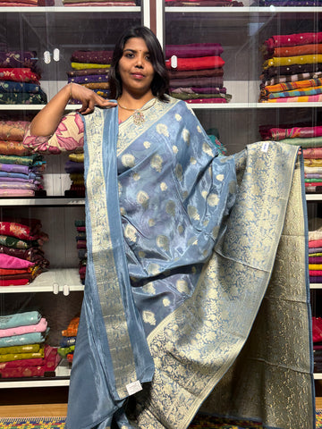 PURE BANARAS KORA GEORGETTE SAREE: GREY