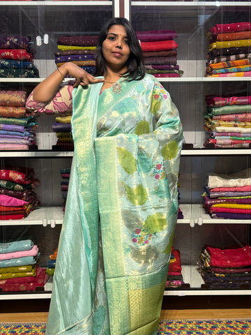 PURE BANARAS TISSUE GEORGETTE WITH MEENAKARI FLORAL BUNCHES: SEA GREEN