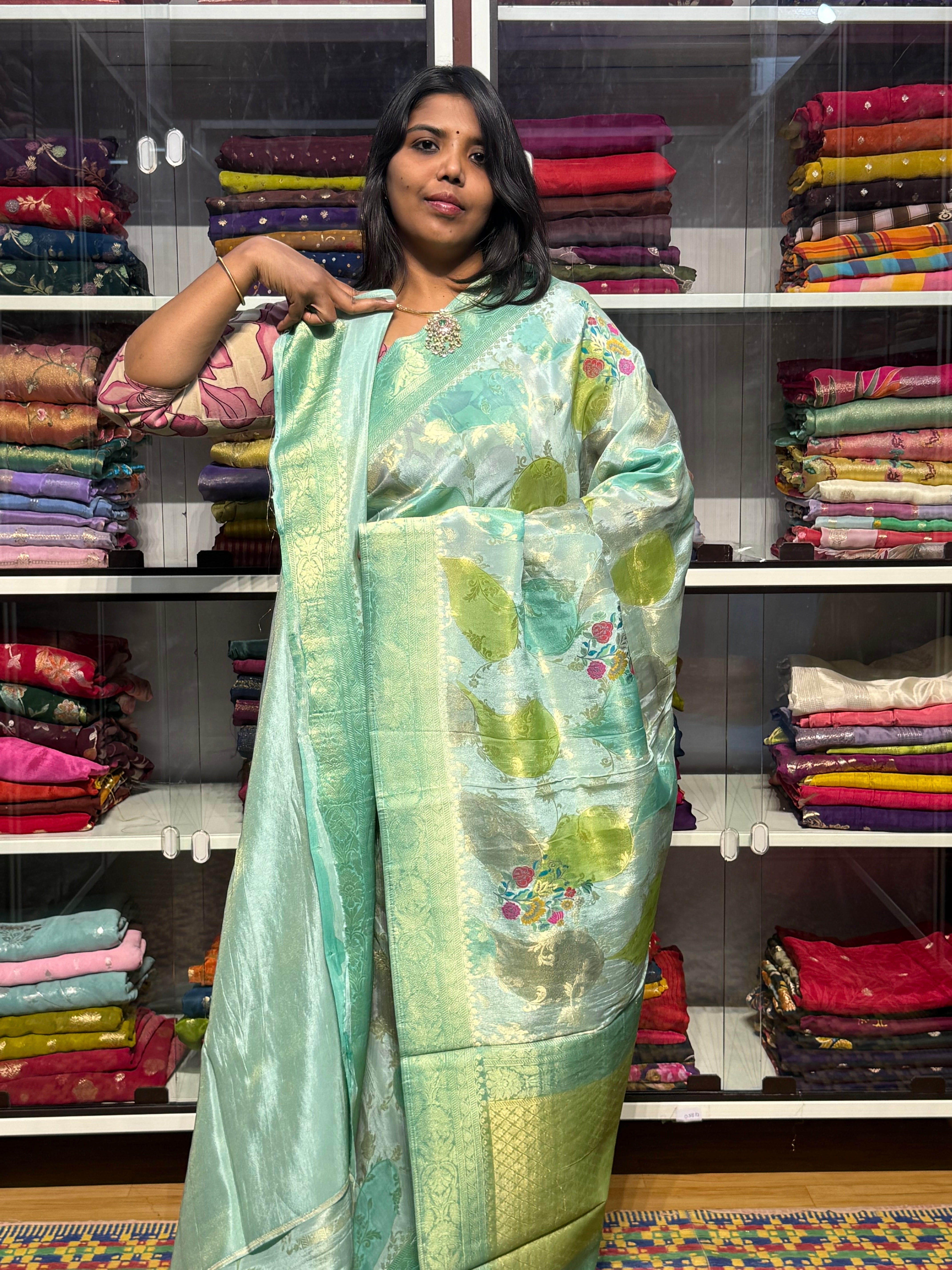 PURE BANARAS TISSUE GEORGETTE WITH MEENAKARI FLORAL BUNCHES: SEA GREEN
