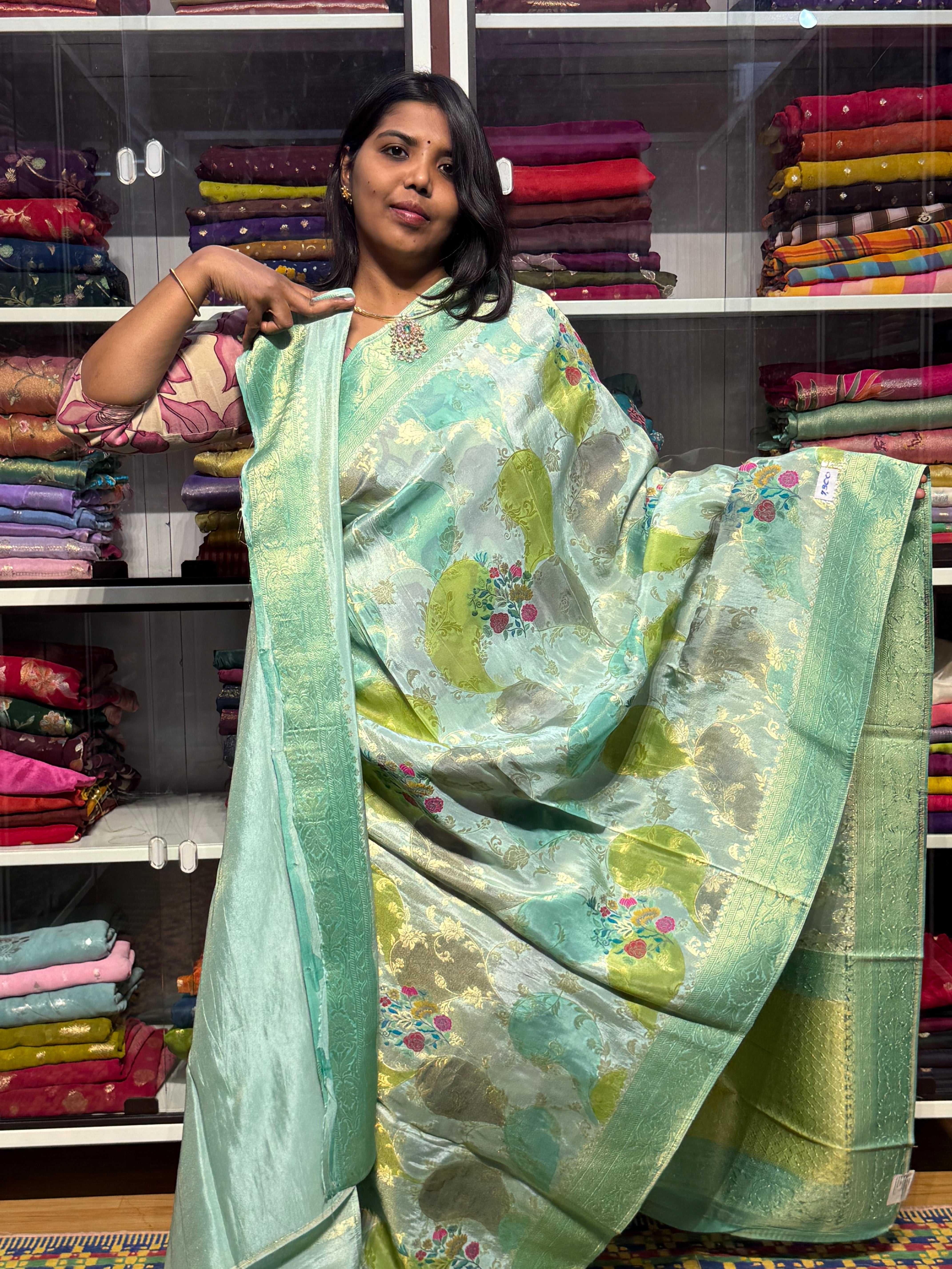 PURE BANARAS TISSUE GEORGETTE WITH MEENAKARI FLORAL BUNCHES: SEA GREEN