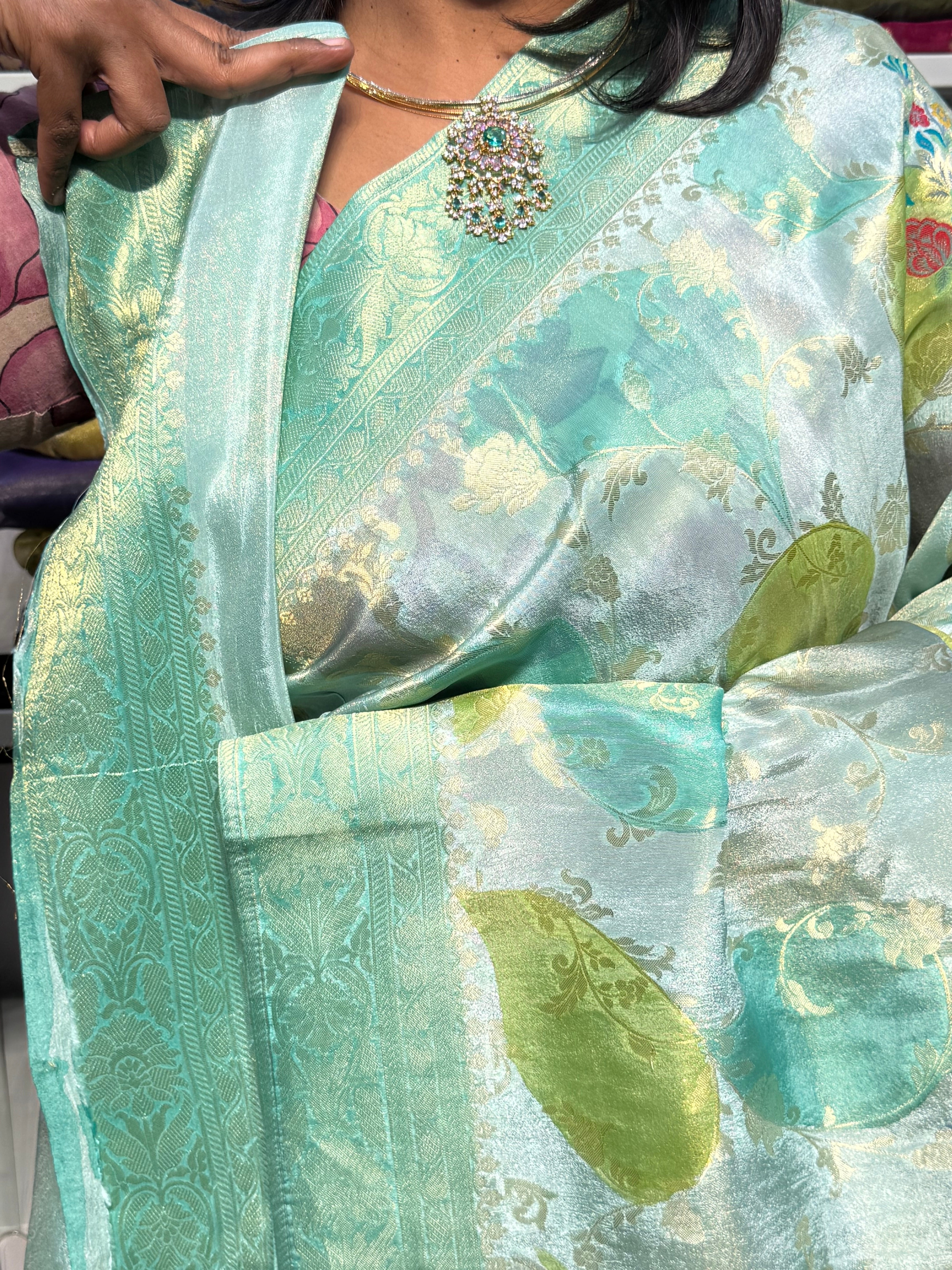 PURE BANARAS TISSUE GEORGETTE WITH MEENAKARI FLORAL BUNCHES: SEA GREEN