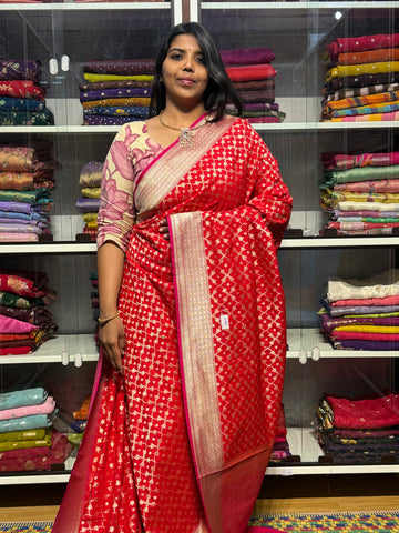 PURE BANARAS KATAN SILK SAREE WITH JAAL PATTERN: RED