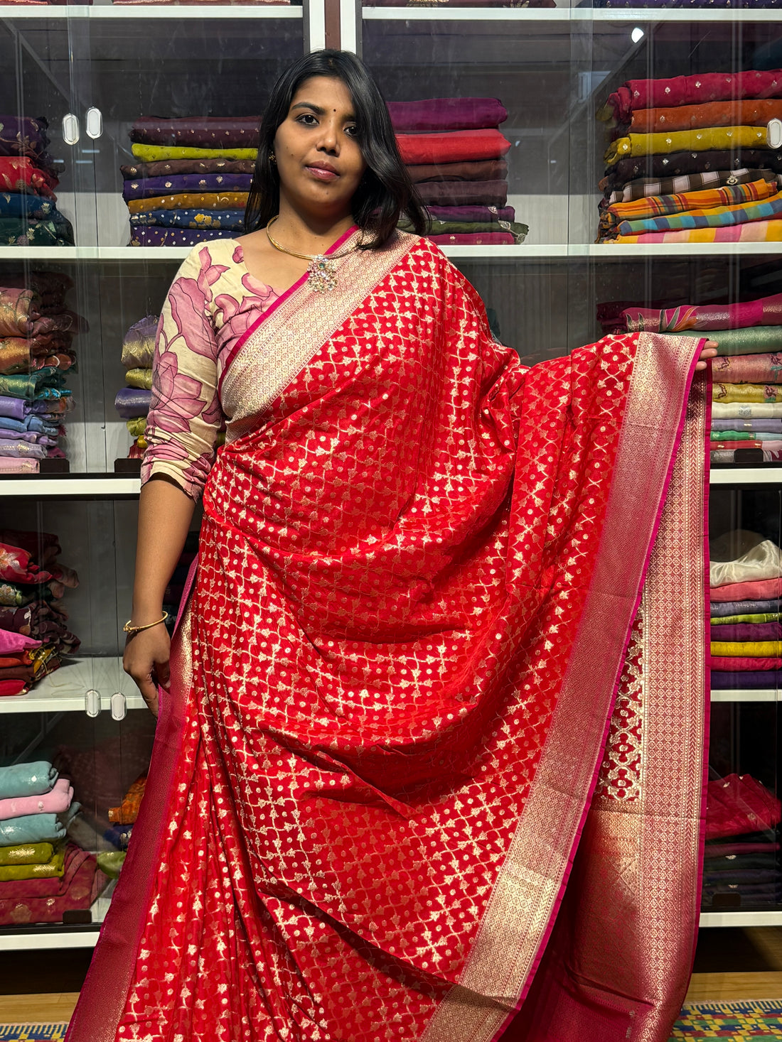 PURE BANARAS KATAN SILK SAREE WITH JAAL PATTERN: RED