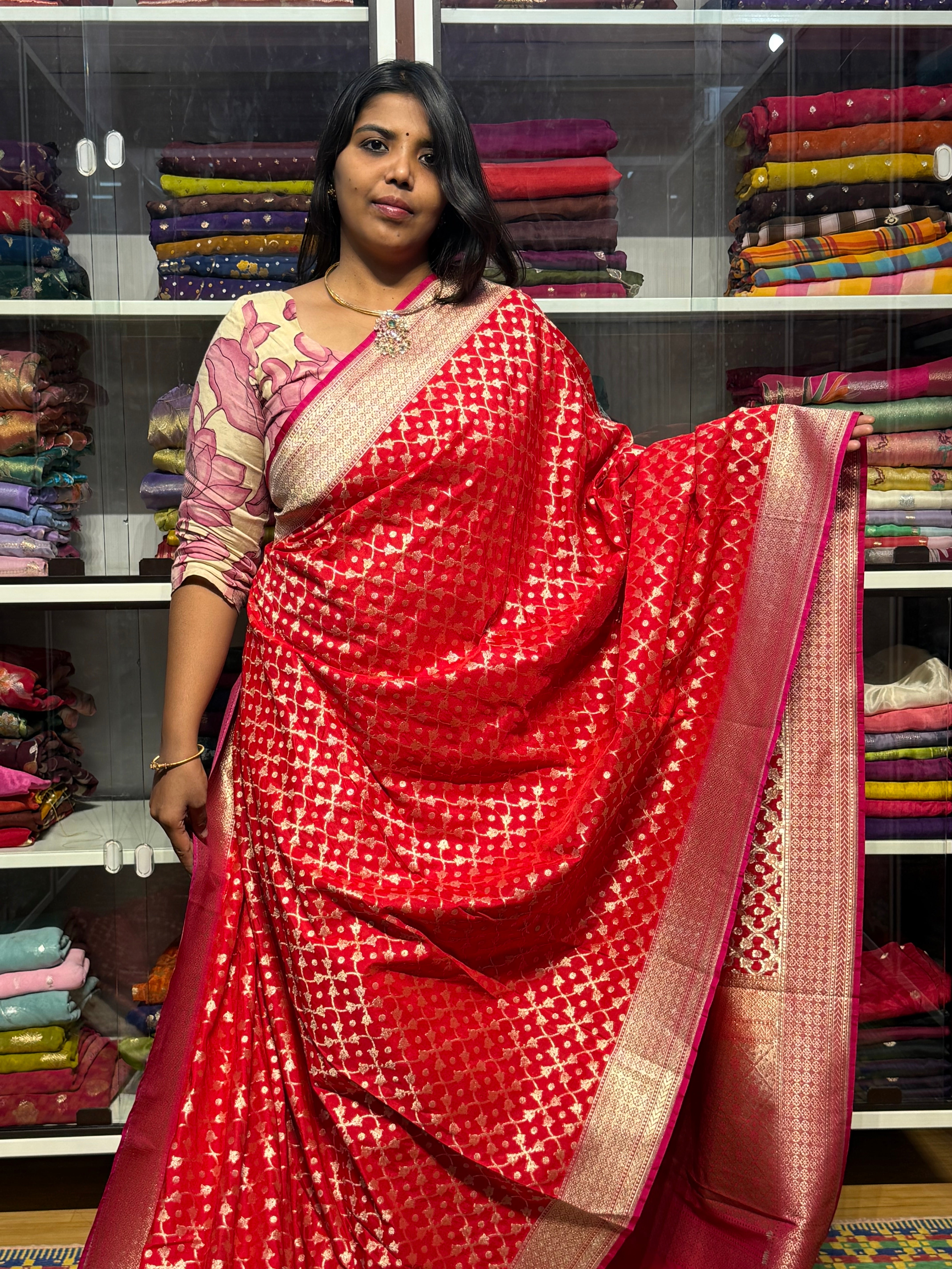 PURE BANARAS KATAN SILK SAREE WITH JAAL PATTERN: RED