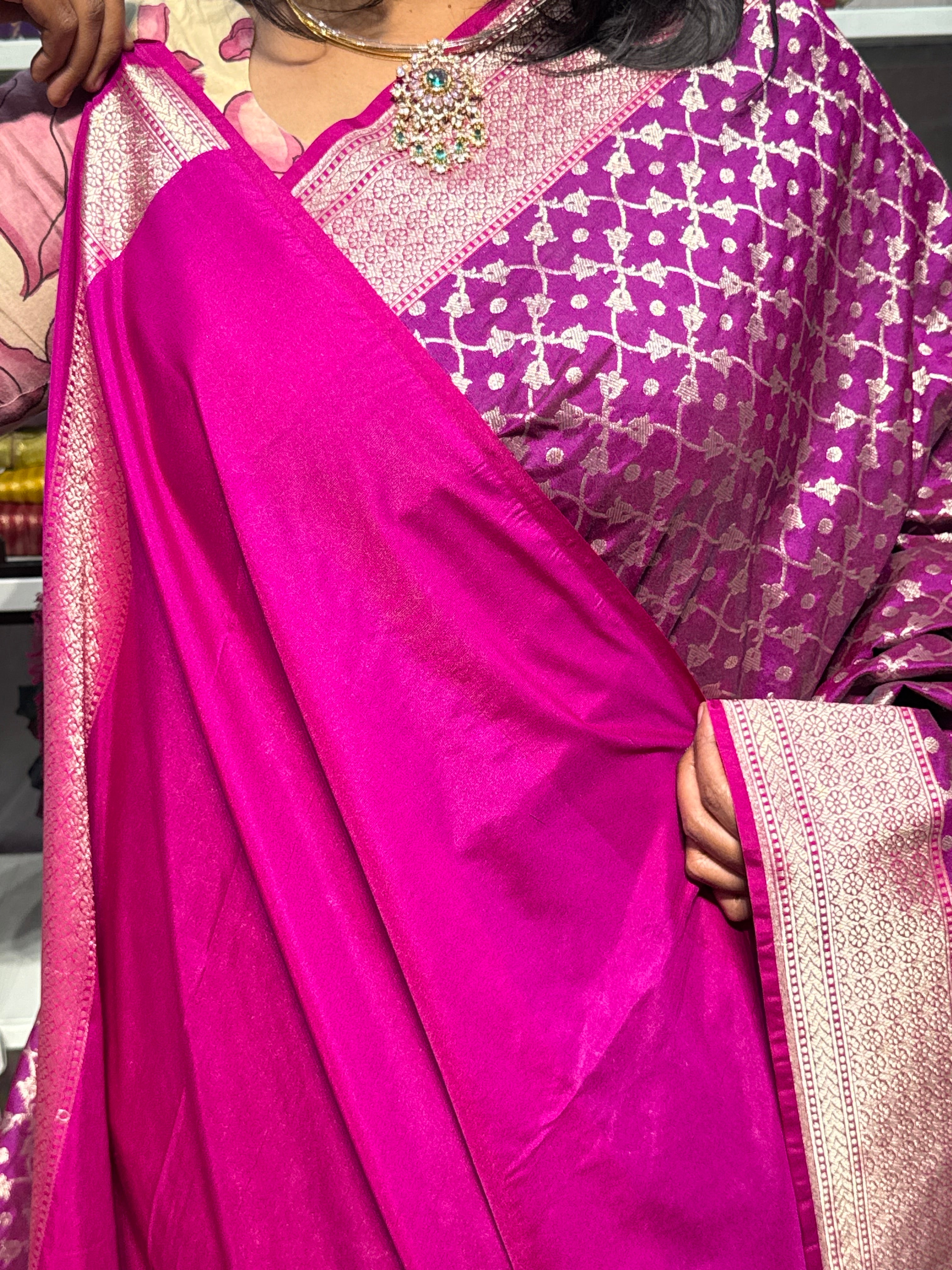 PURE BANARAS KATAN SILK SAREE WITH JAAL PATTERN: MAGENTA