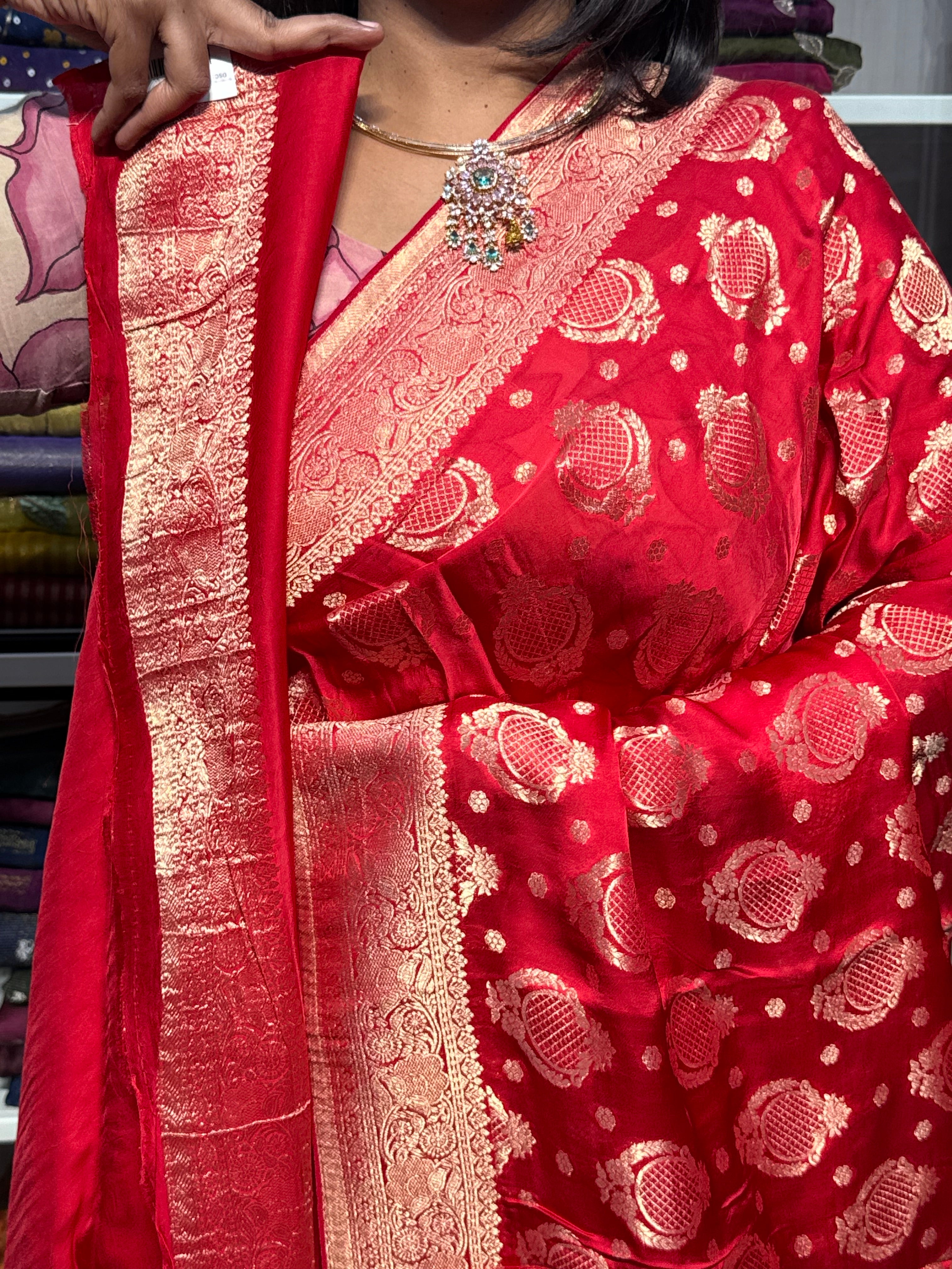 PURE BANARAS MASHRU SATIN SAREE: RED