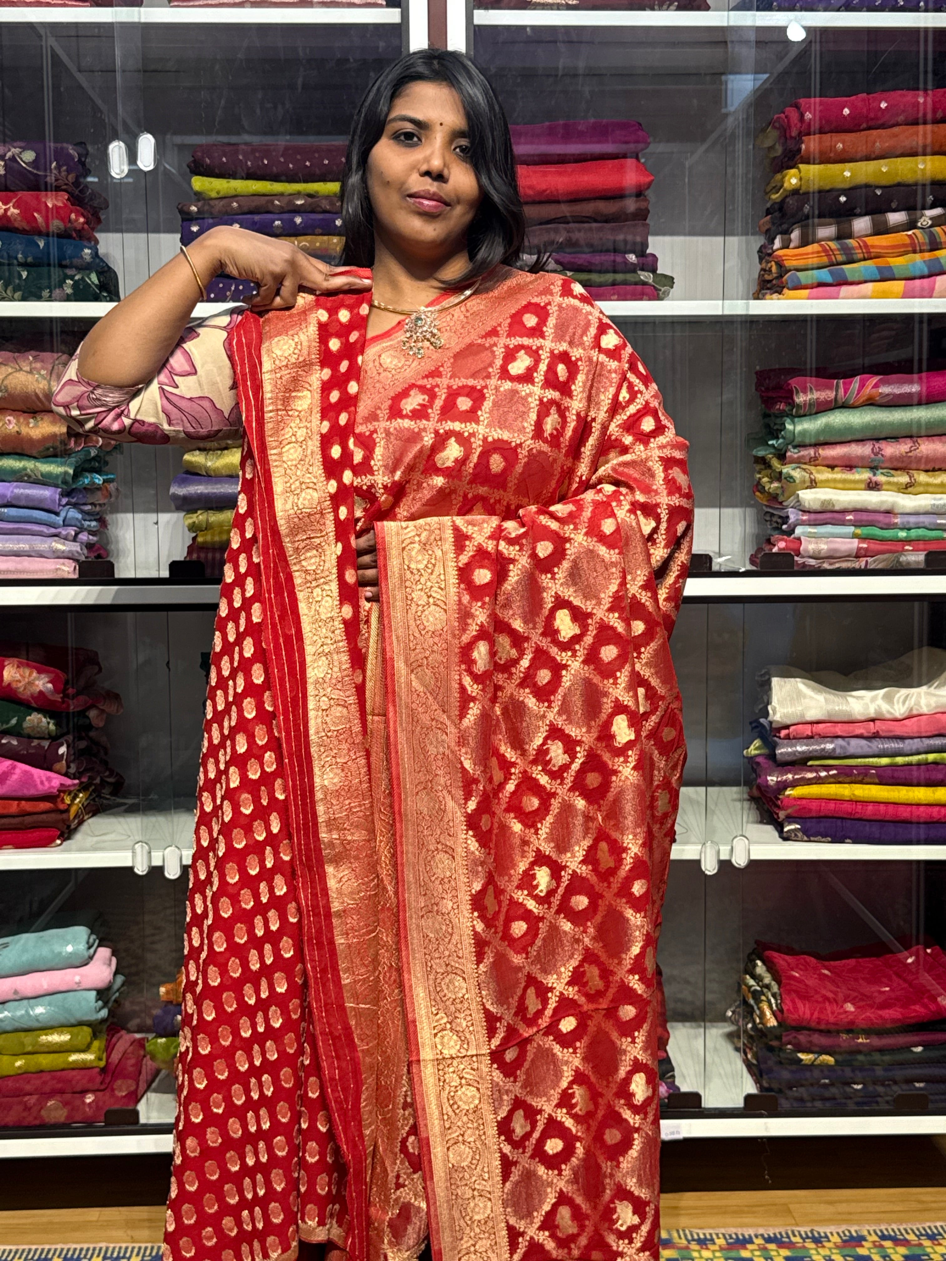 PURE BANARAS KHADDI GEORGETTE WITH JAAL PATTERN: RED