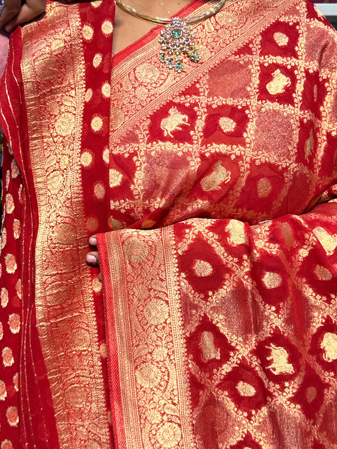 PURE BANARAS KHADDI GEORGETTE WITH JAAL PATTERN: RED
