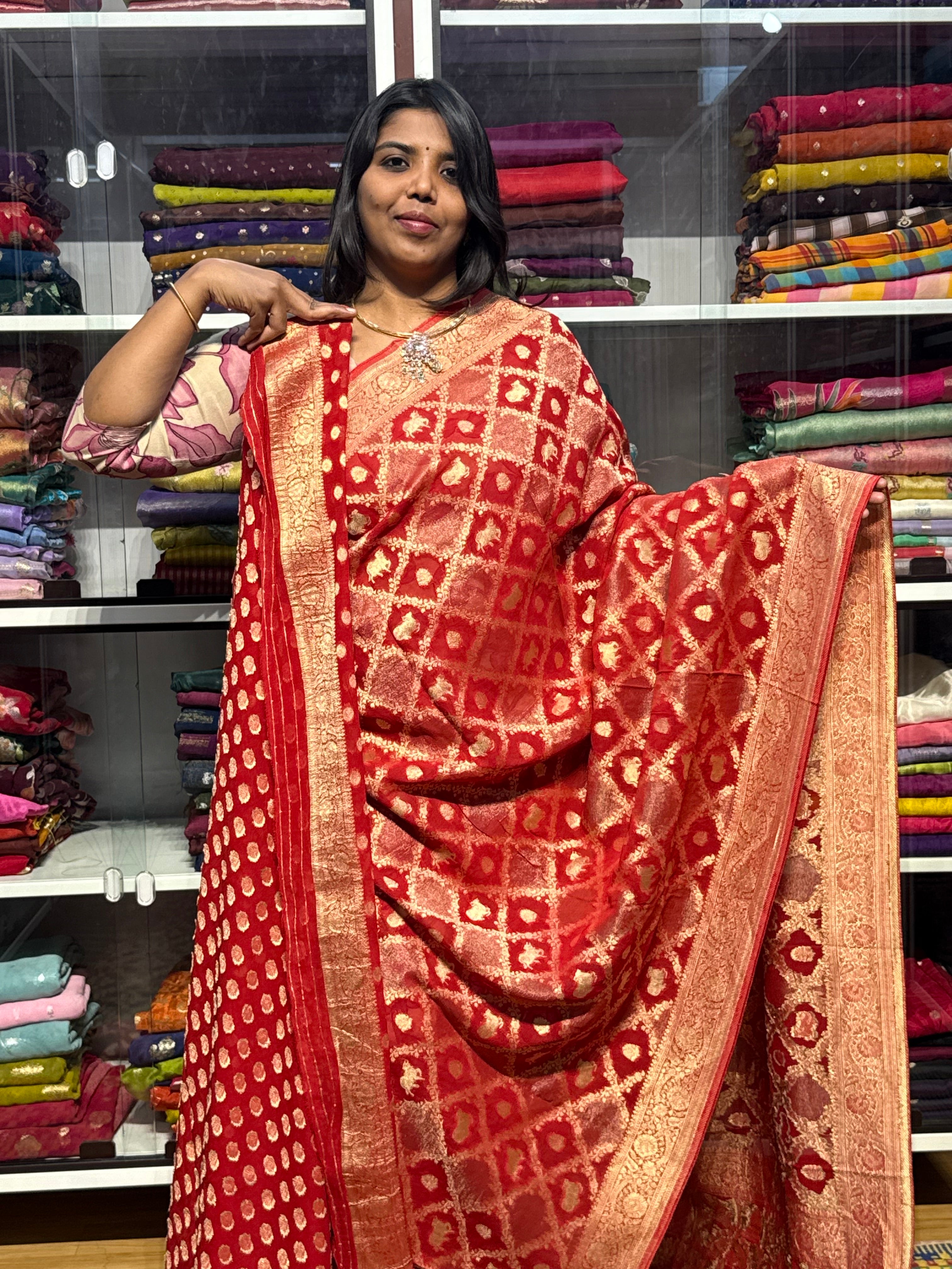 PURE BANARAS KHADDI GEORGETTE WITH JAAL PATTERN: RED