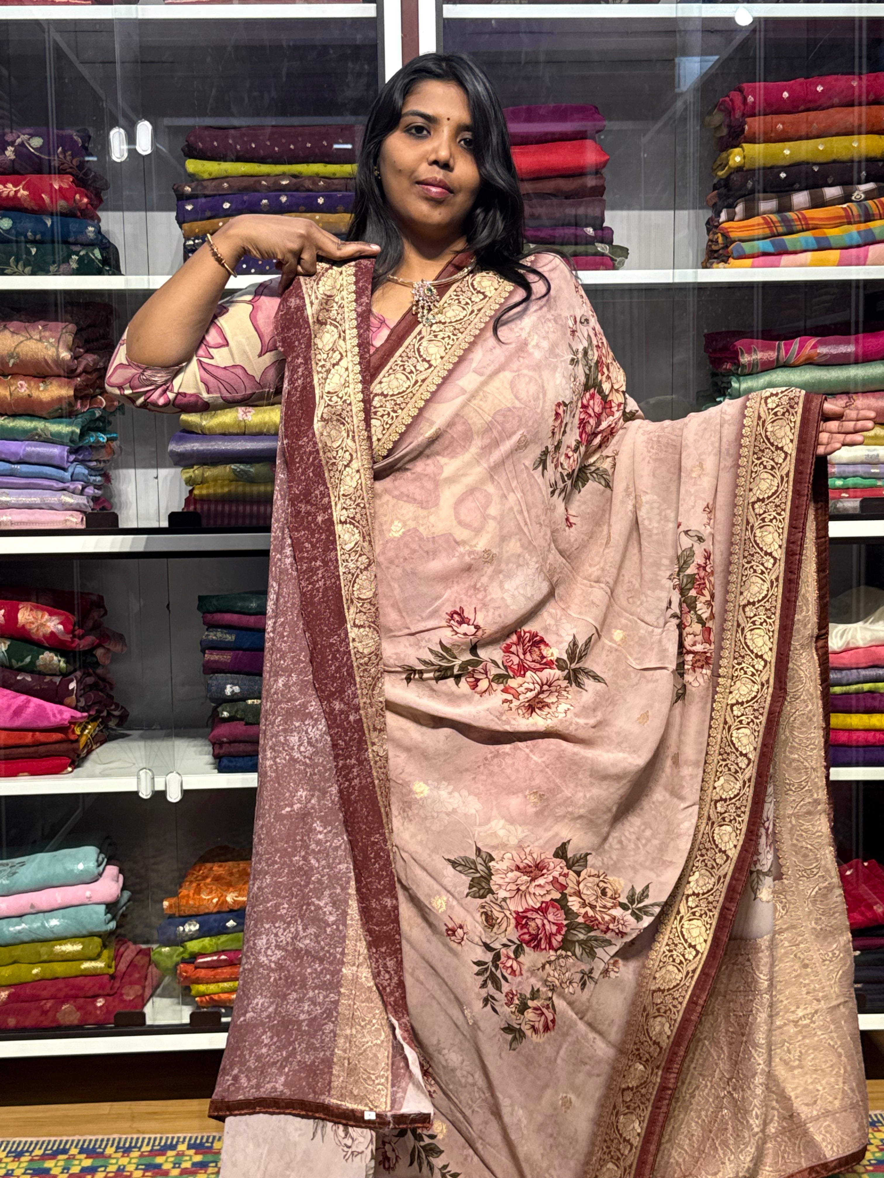 PURE BANARAS GEORGETTE WITH FLORAL DIGITAL PRINT: ONION PINK