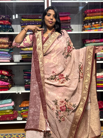 PURE BANARAS GEORGETTE WITH FLORAL DIGITAL PRINT: ONION PINK