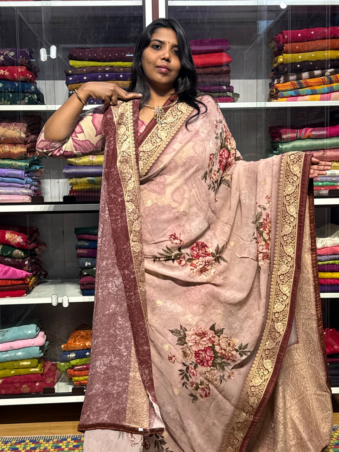 PURE BANARAS GEORGETTE WITH FLORAL DIGITAL PRINT: ONION PINK