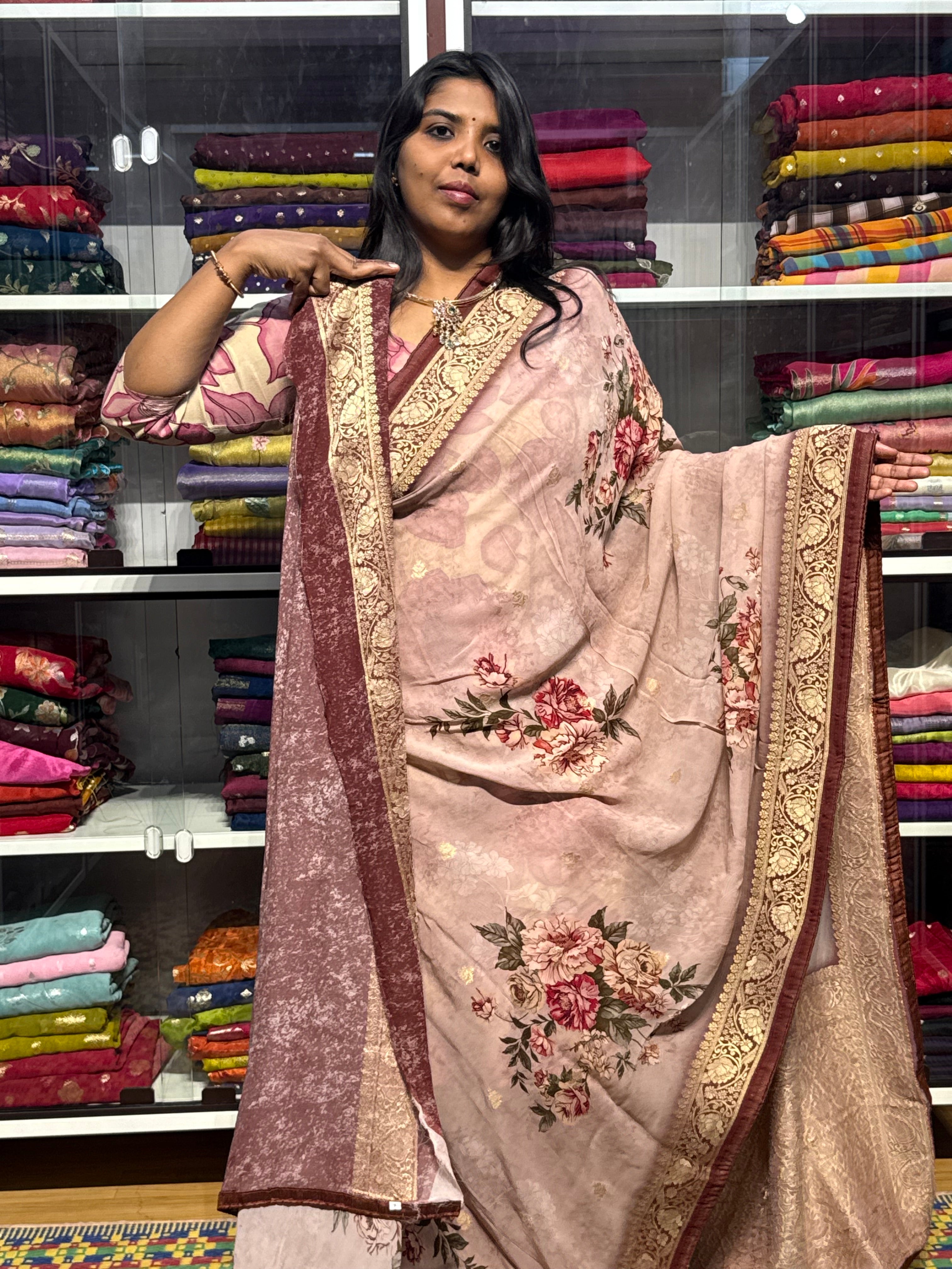 PURE BANARAS GEORGETTE WITH FLORAL DIGITAL PRINT: ONION PINK