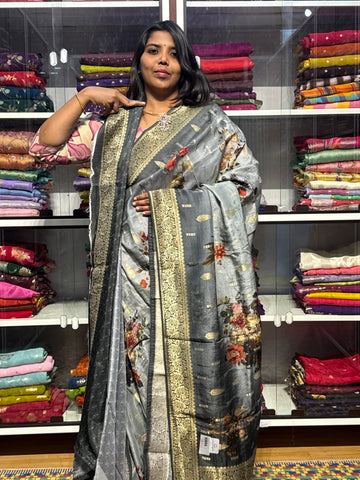 MUNGA CREPE WITH FLORAL DIGITAL PRINT: GREY