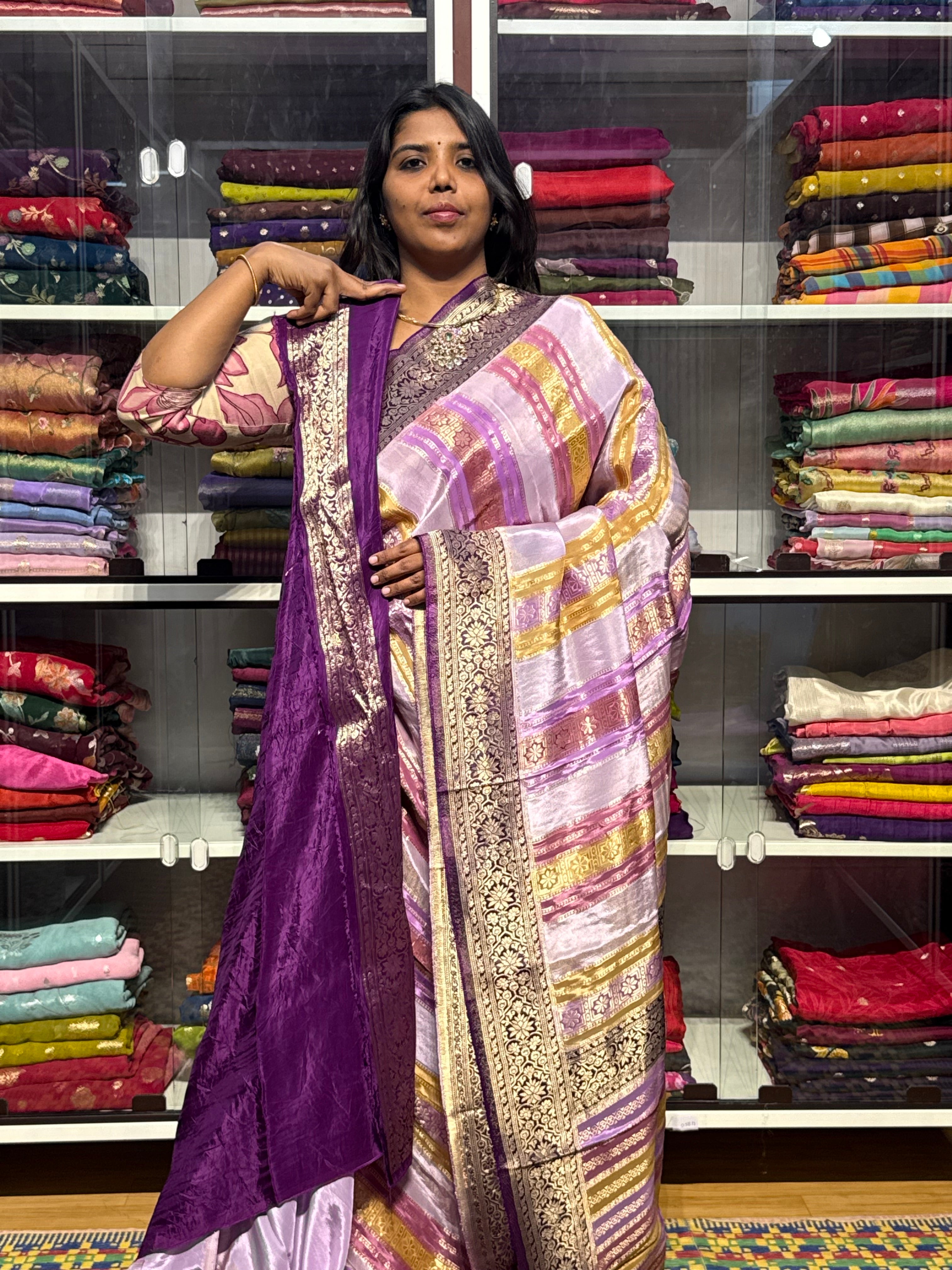 CHINON SILK SAREE WITH STRIPES PATTERN: LAVENDER