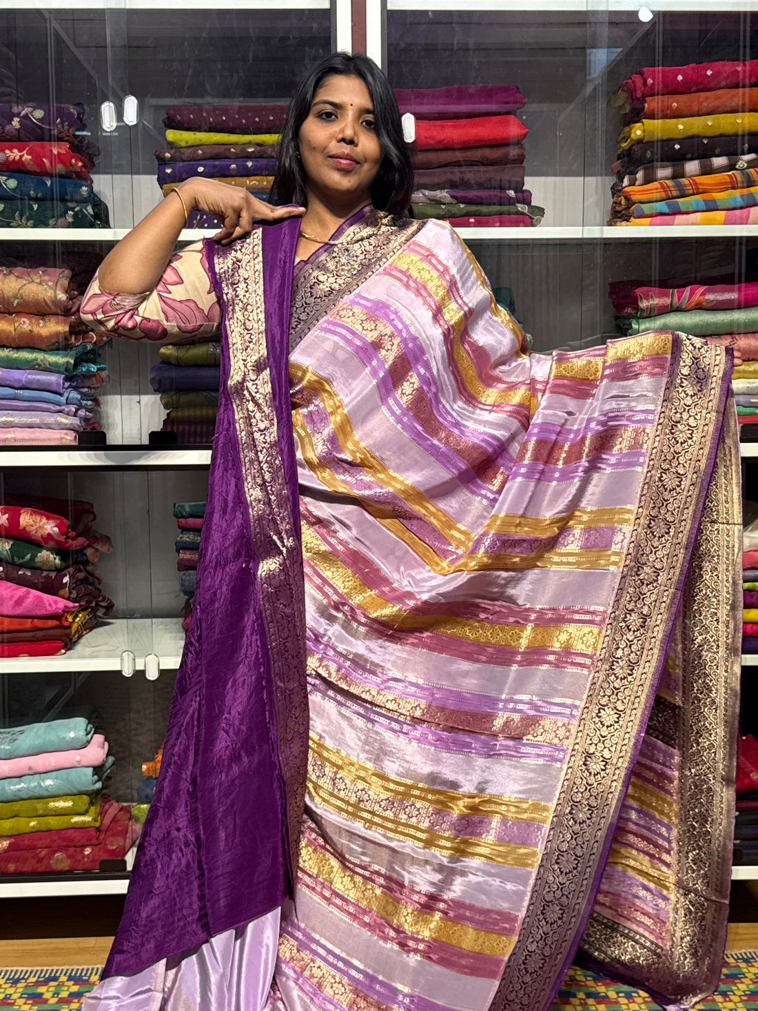 CHINON SILK SAREE WITH STRIPES PATTERN: LAVENDER