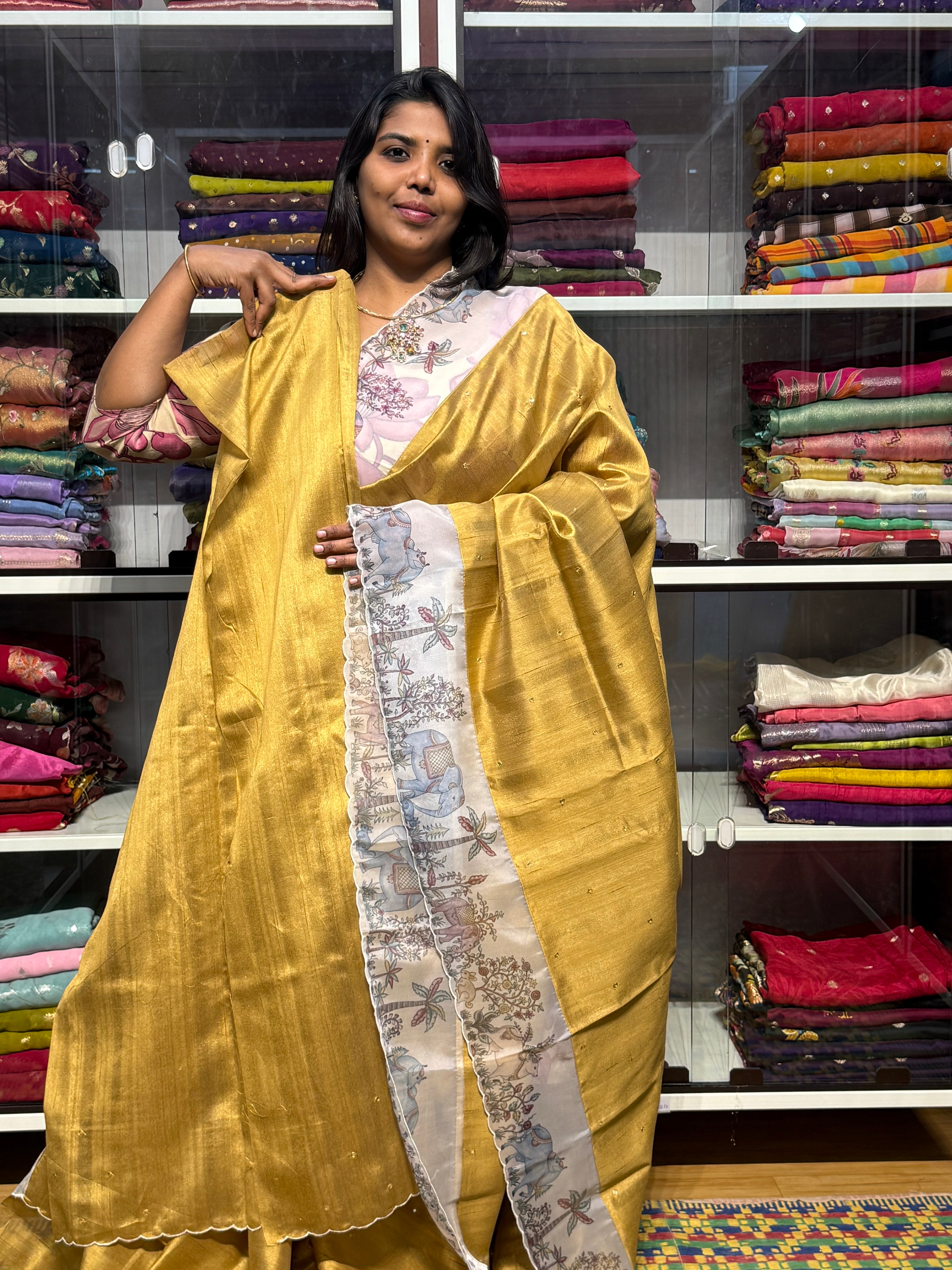 TUSSUR SILK WITH ORGANZA BORDER: GOLDEN YELLOW