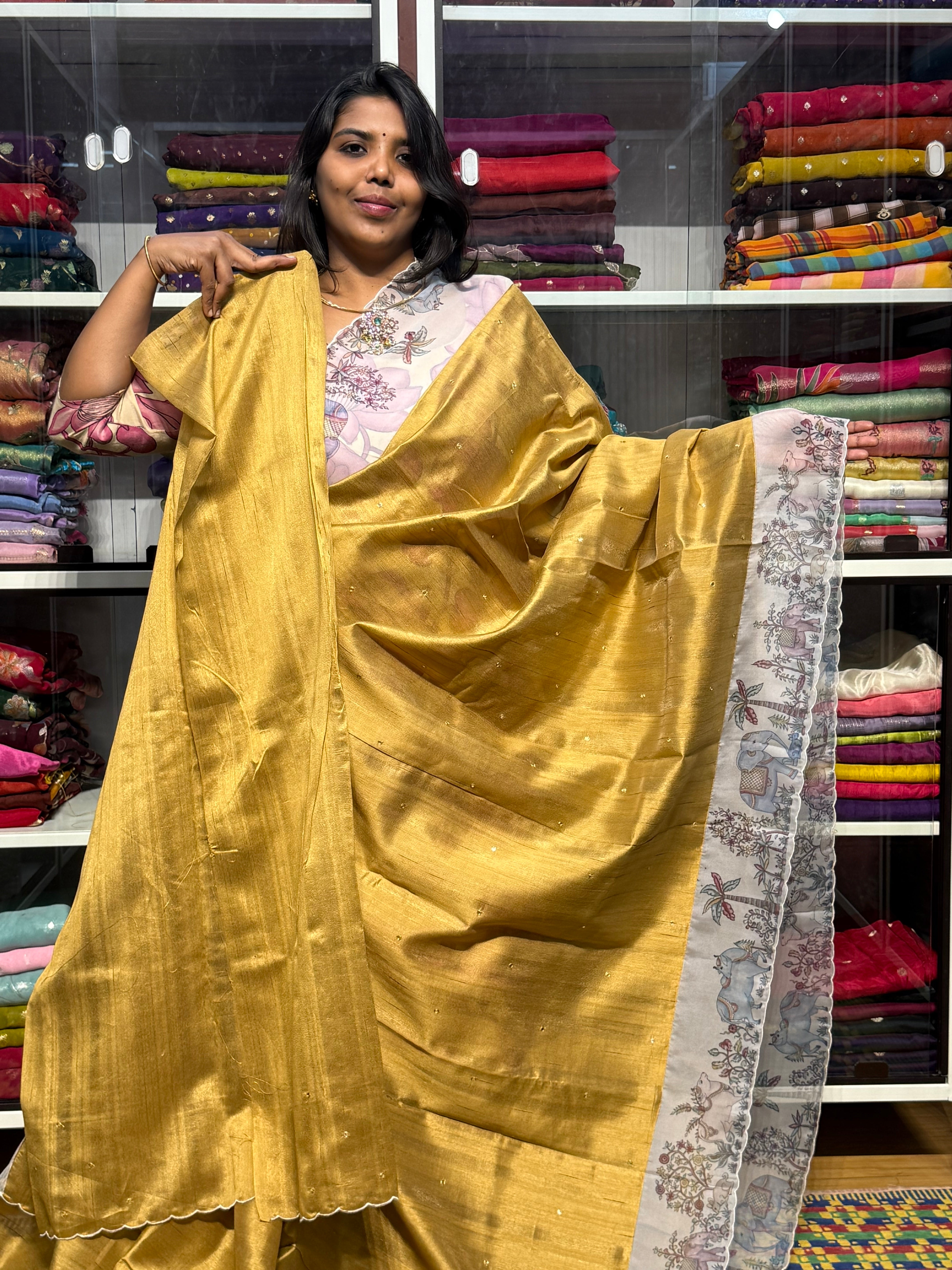TUSSUR SILK WITH ORGANZA BORDER: GOLDEN YELLOW