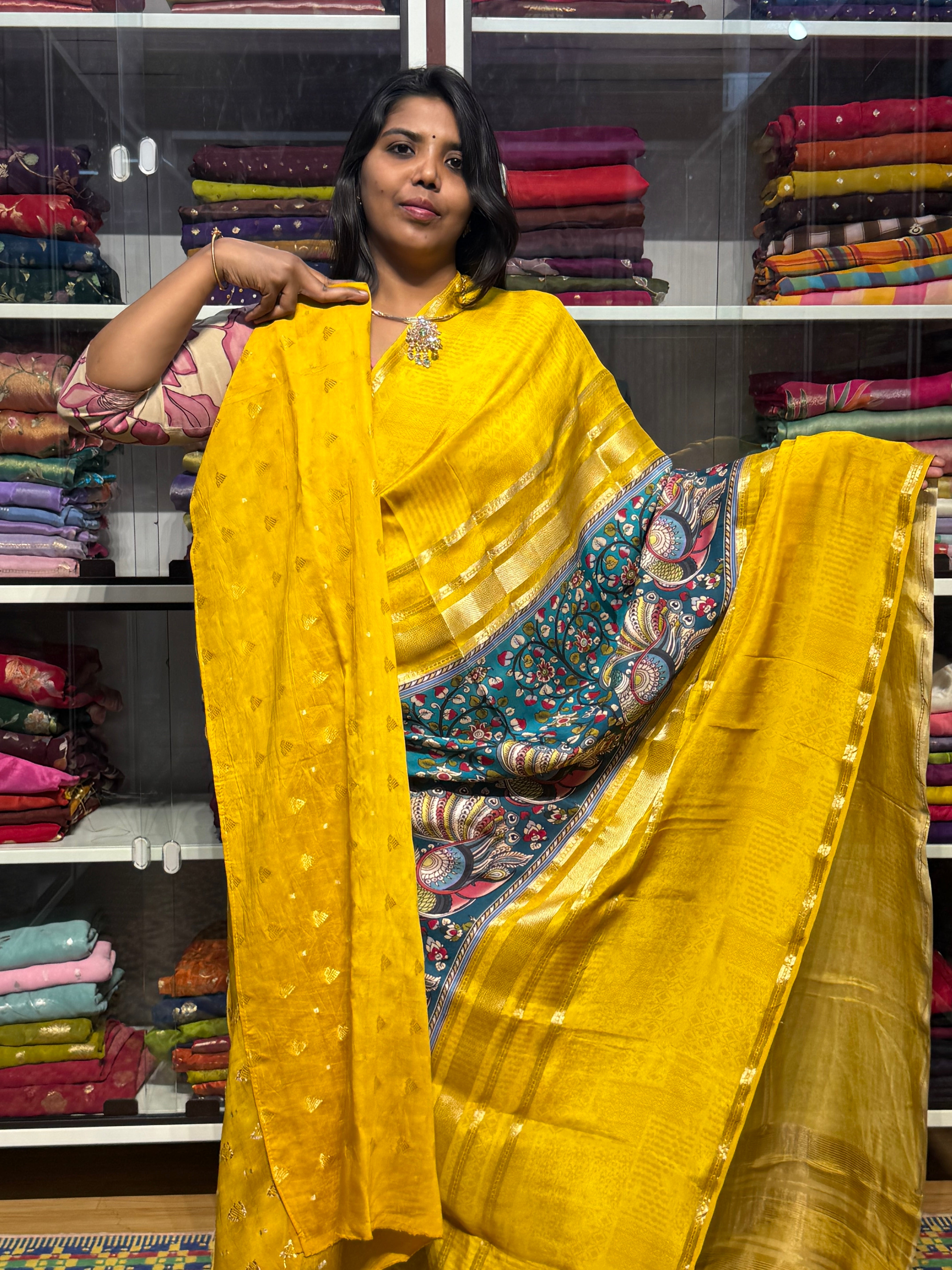 BUTTER MYSORE CREPE SILK WITH DIGITAL PRINT: YELLOW