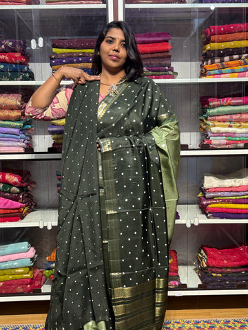 MYSORE SILK WITH BANDINI PRINT: OLIVE GREEN