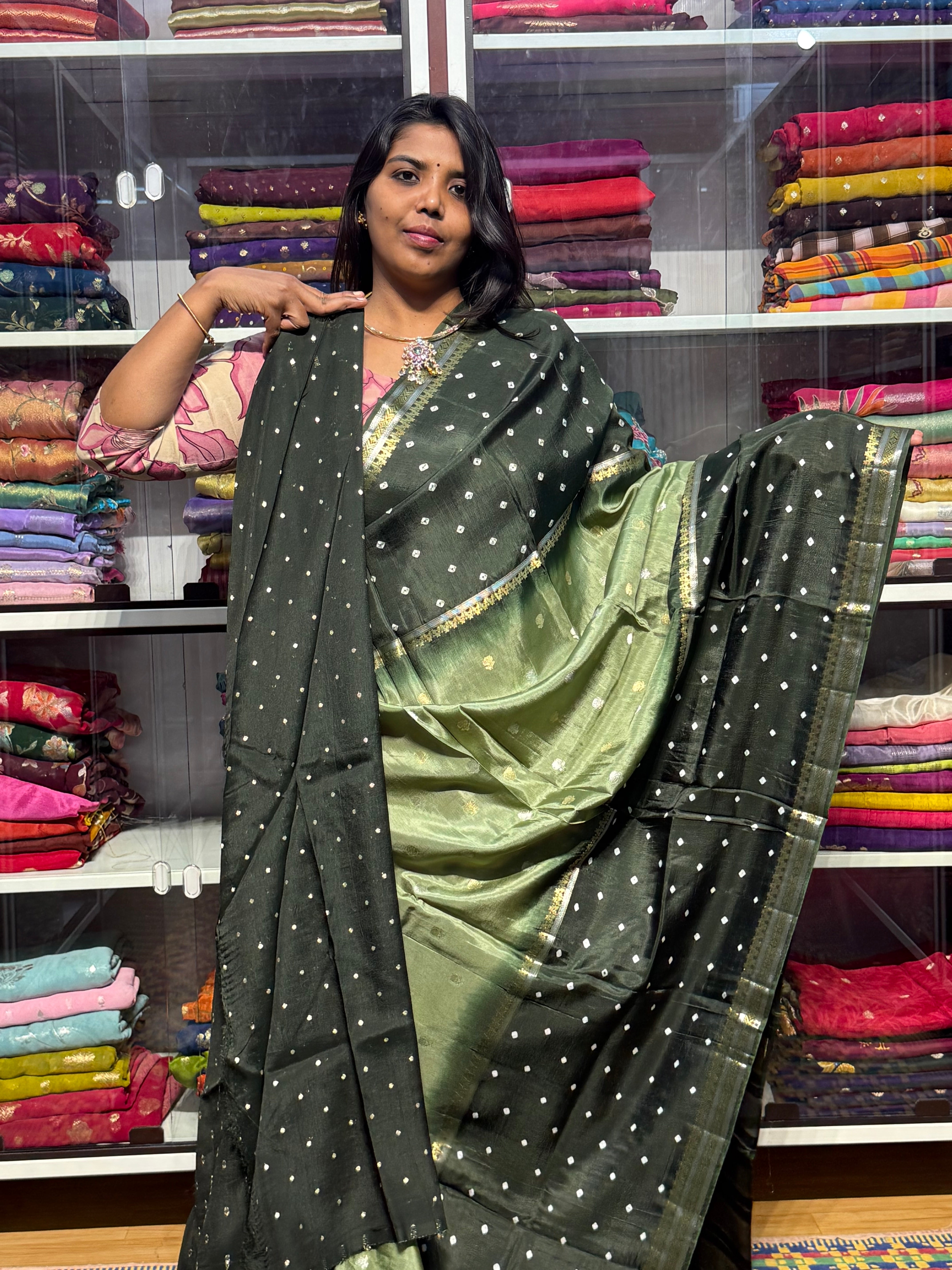 MYSORE SILK WITH BANDINI PRINT: OLIVE GREEN