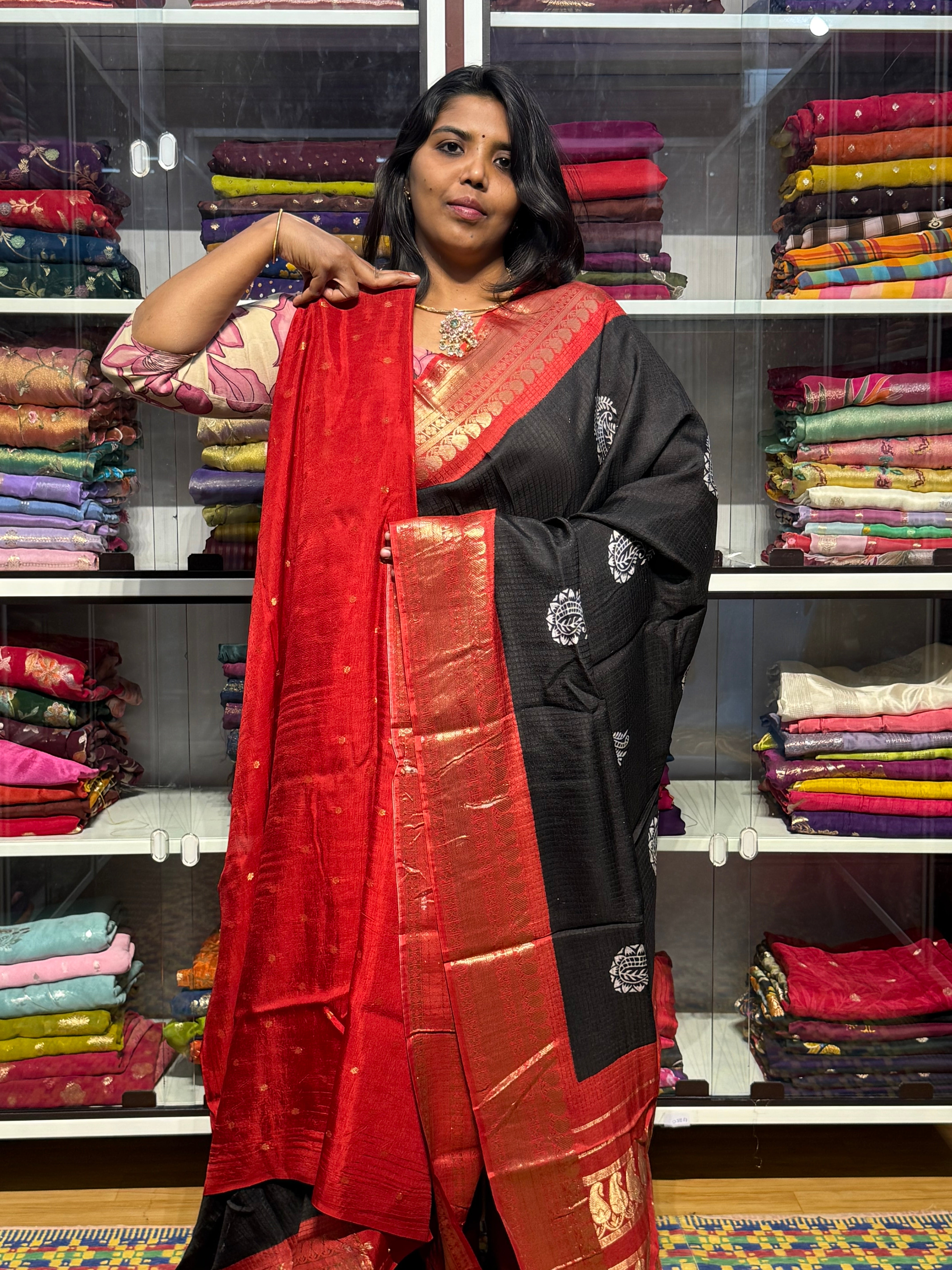 MYSORE CREPE SILK : BLACK AND RED