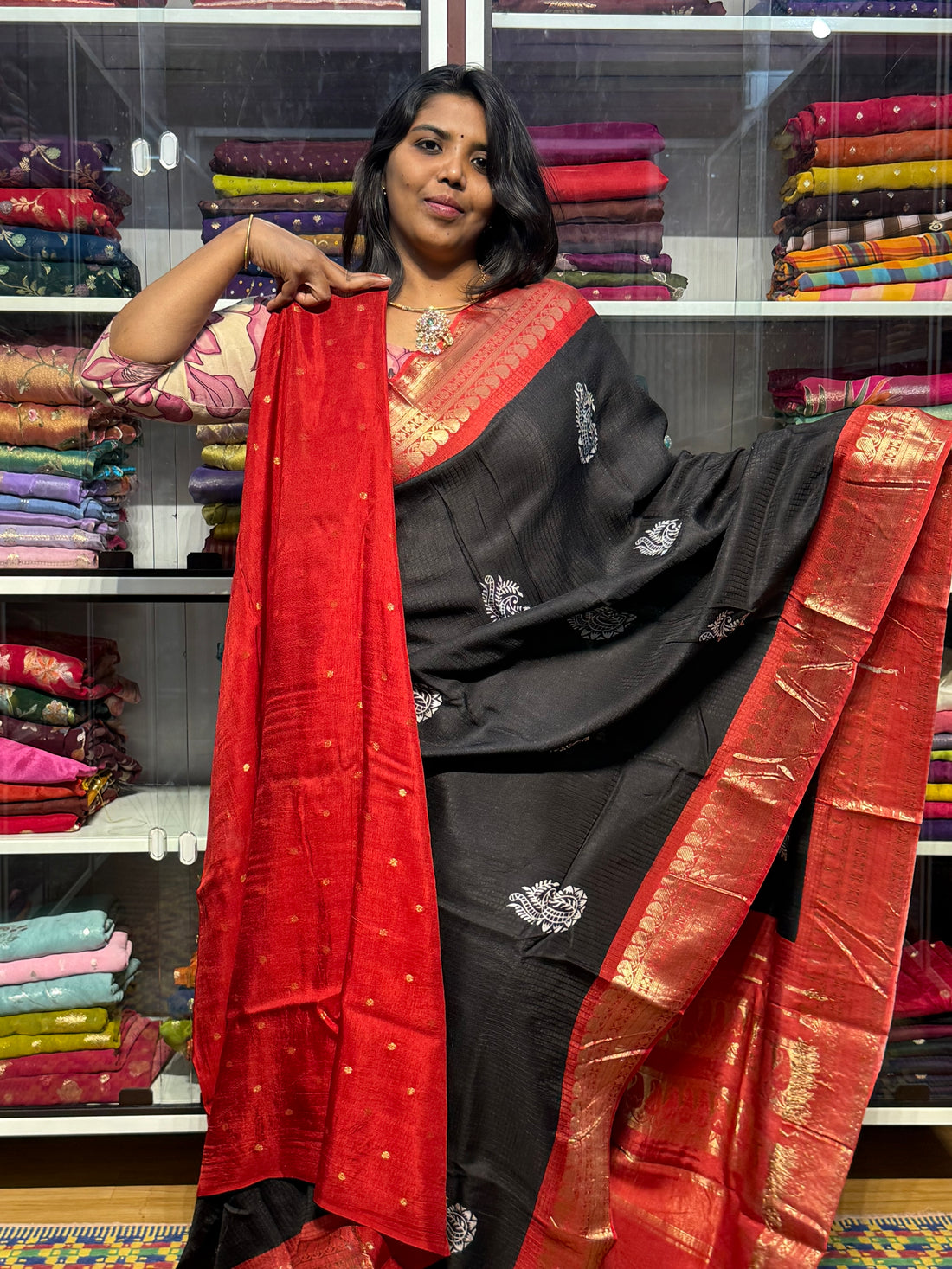 MYSORE CREPE SILK : BLACK AND RED