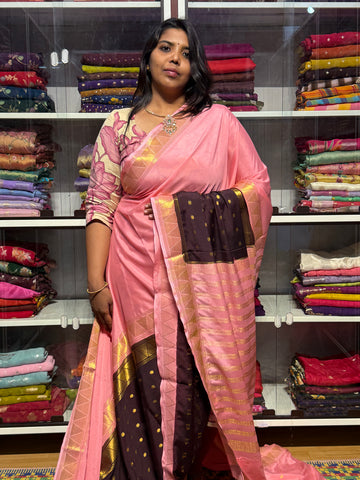 SEMI MYSORE SILK SAREE : BROWN AND PINK