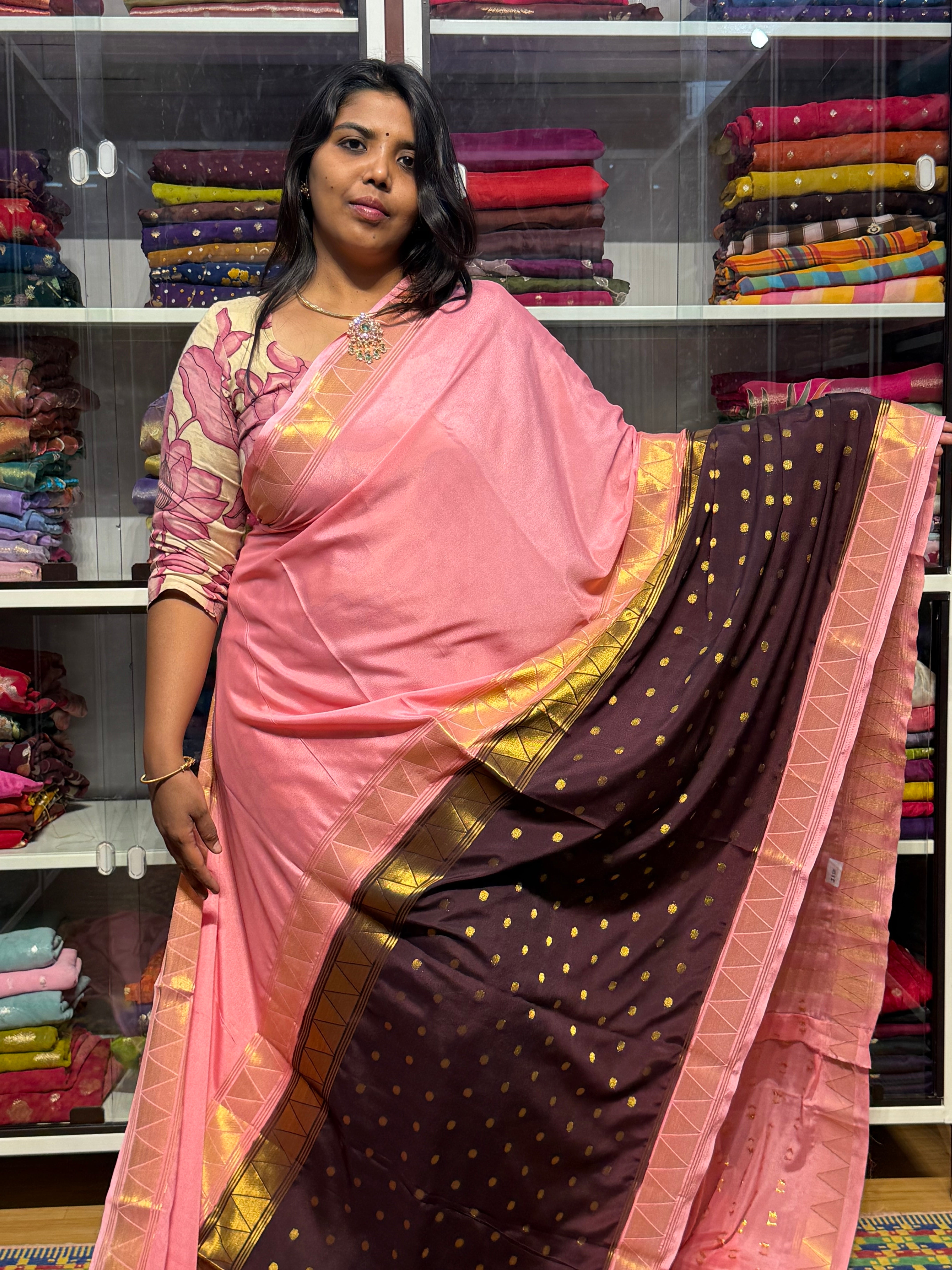 SEMI MYSORE SILK SAREE : BROWN AND PINK