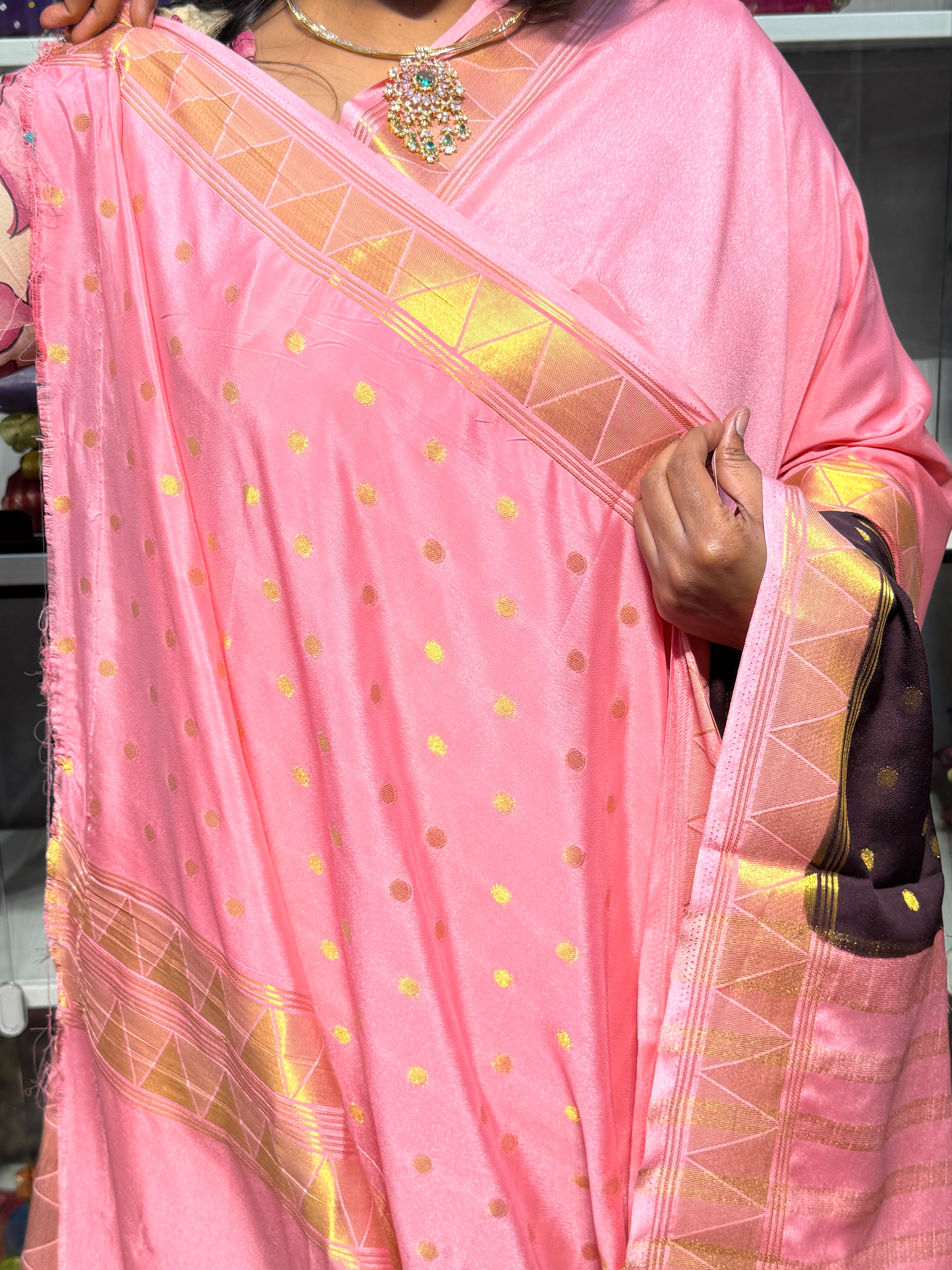 SEMI MYSORE SILK SAREE : BROWN AND PINK