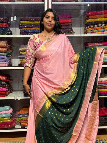 SEMI MYSORE SILK SAREE: PINK N GREEN