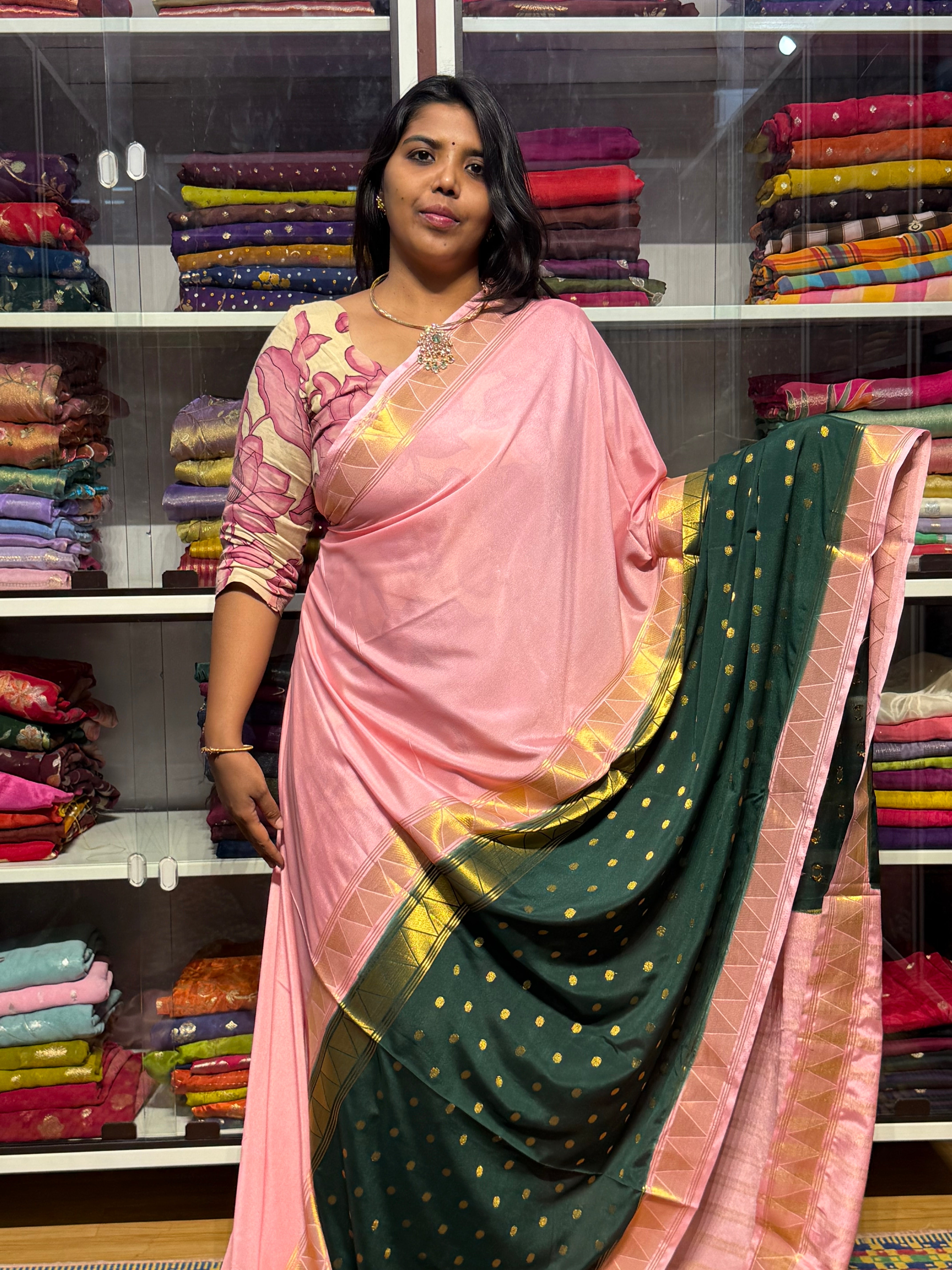 SEMI MYSORE SILK SAREE: PINK N GREEN