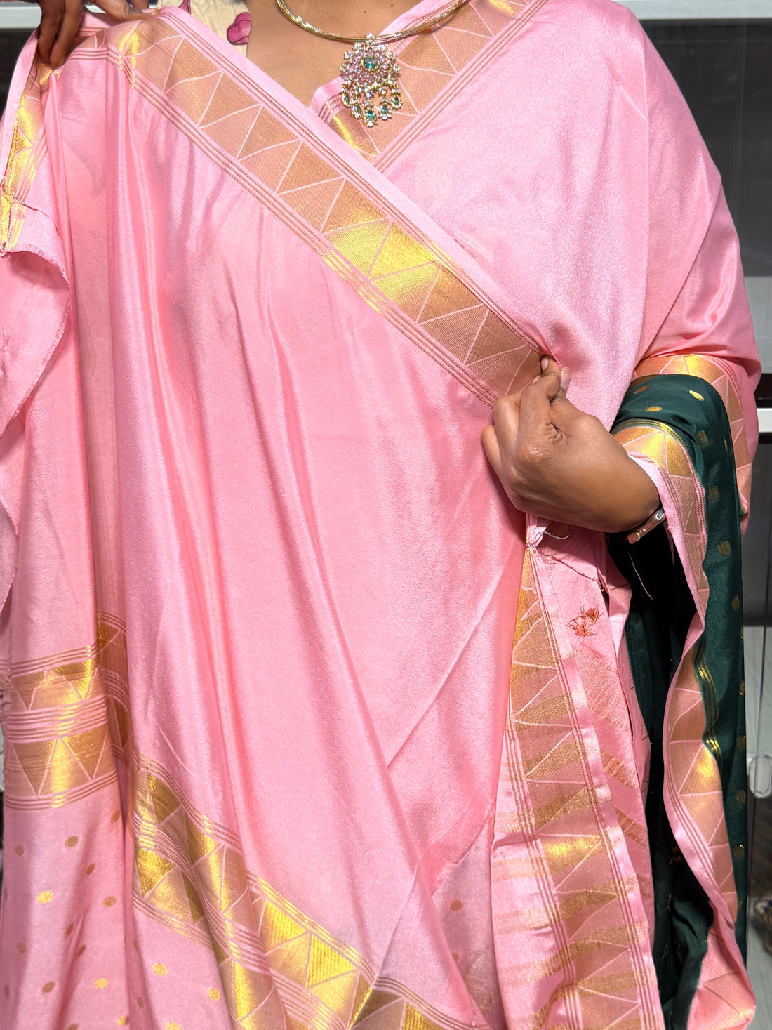 SEMI MYSORE SILK SAREE: PINK N GREEN