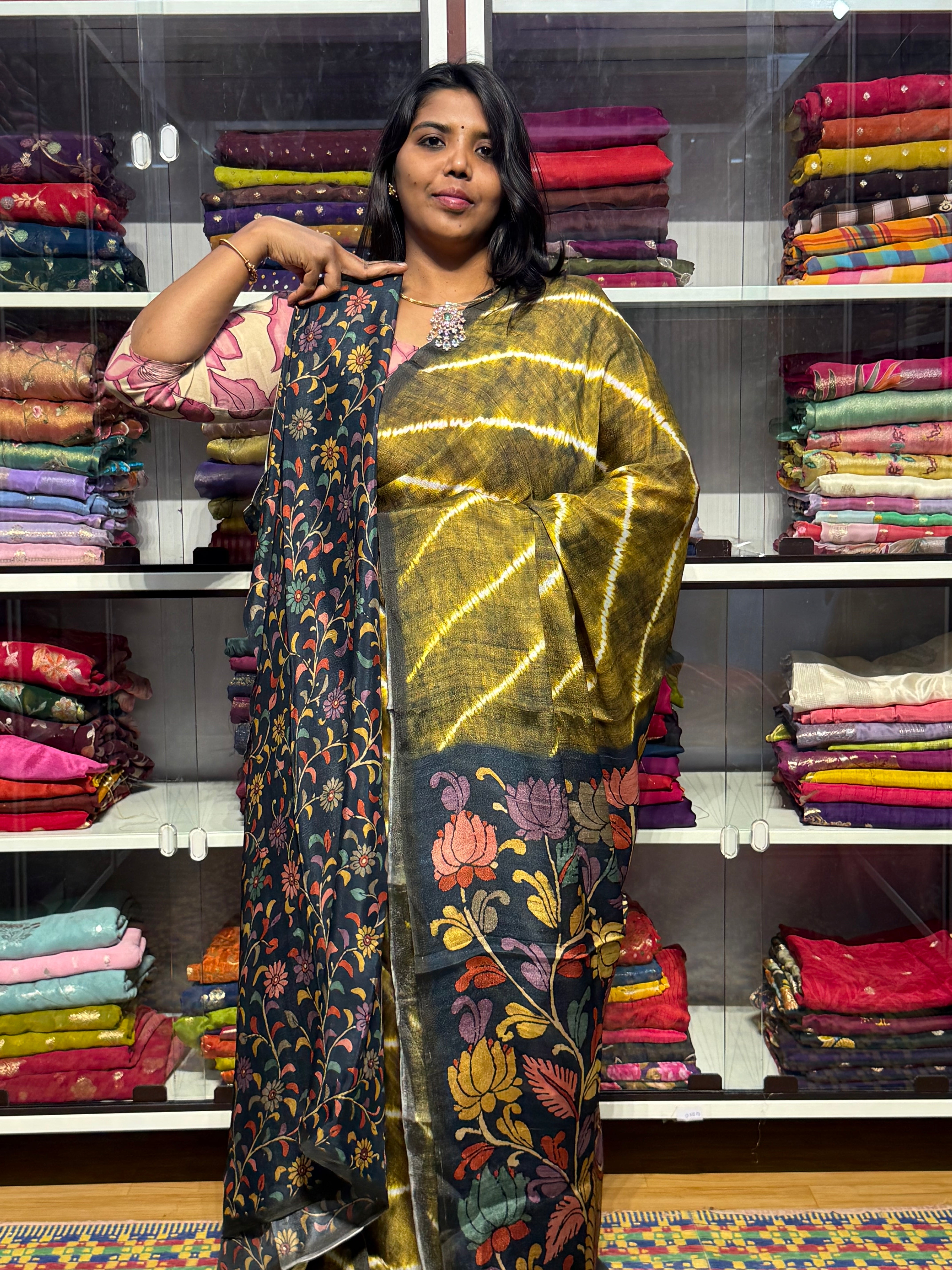 PURE CHIFFON SAREE WITH PENKALAMKARI PALLU AND BLOUSE