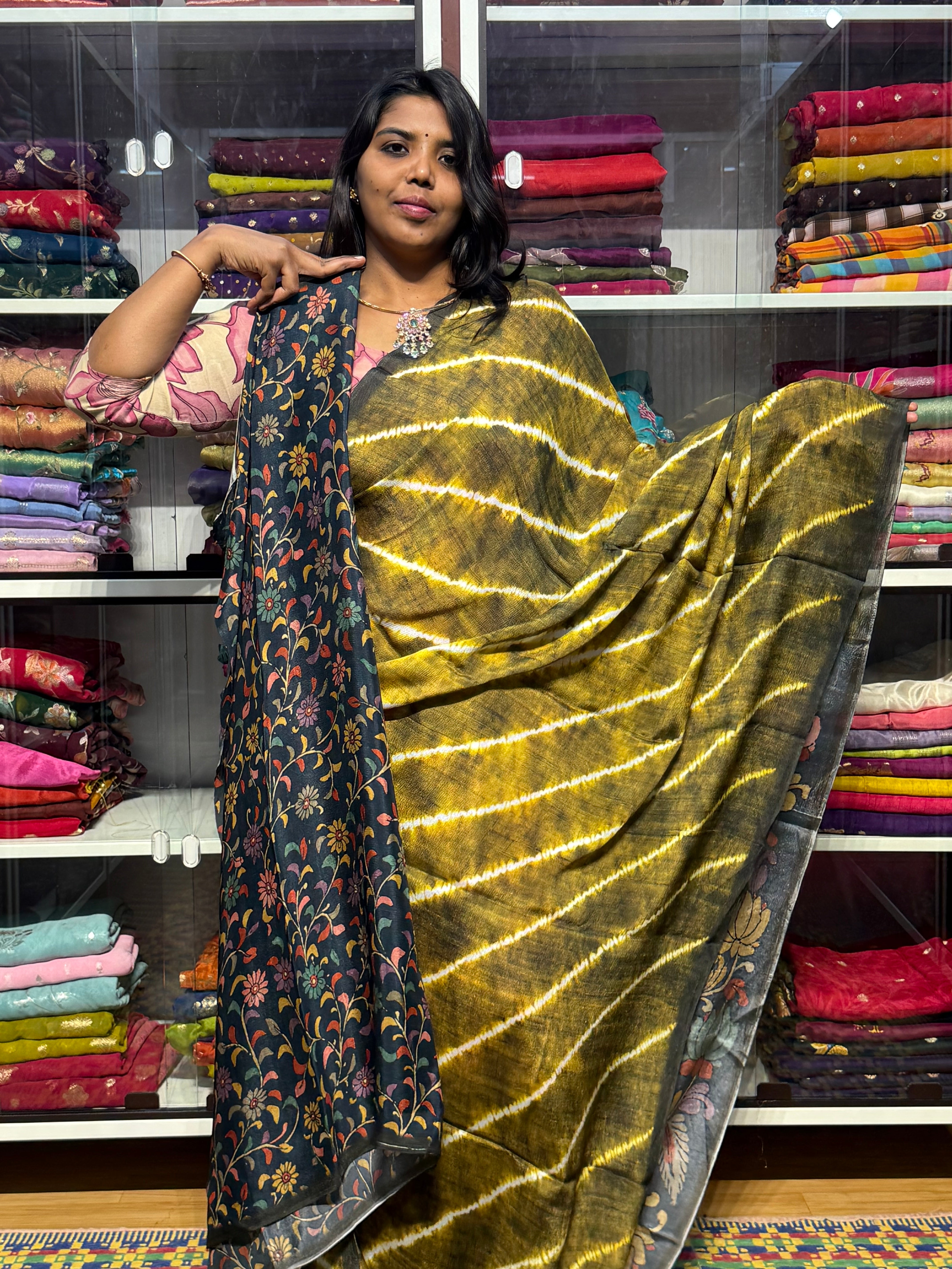 PURE CHIFFON SAREE WITH PENKALAMKARI PALLU AND BLOUSE