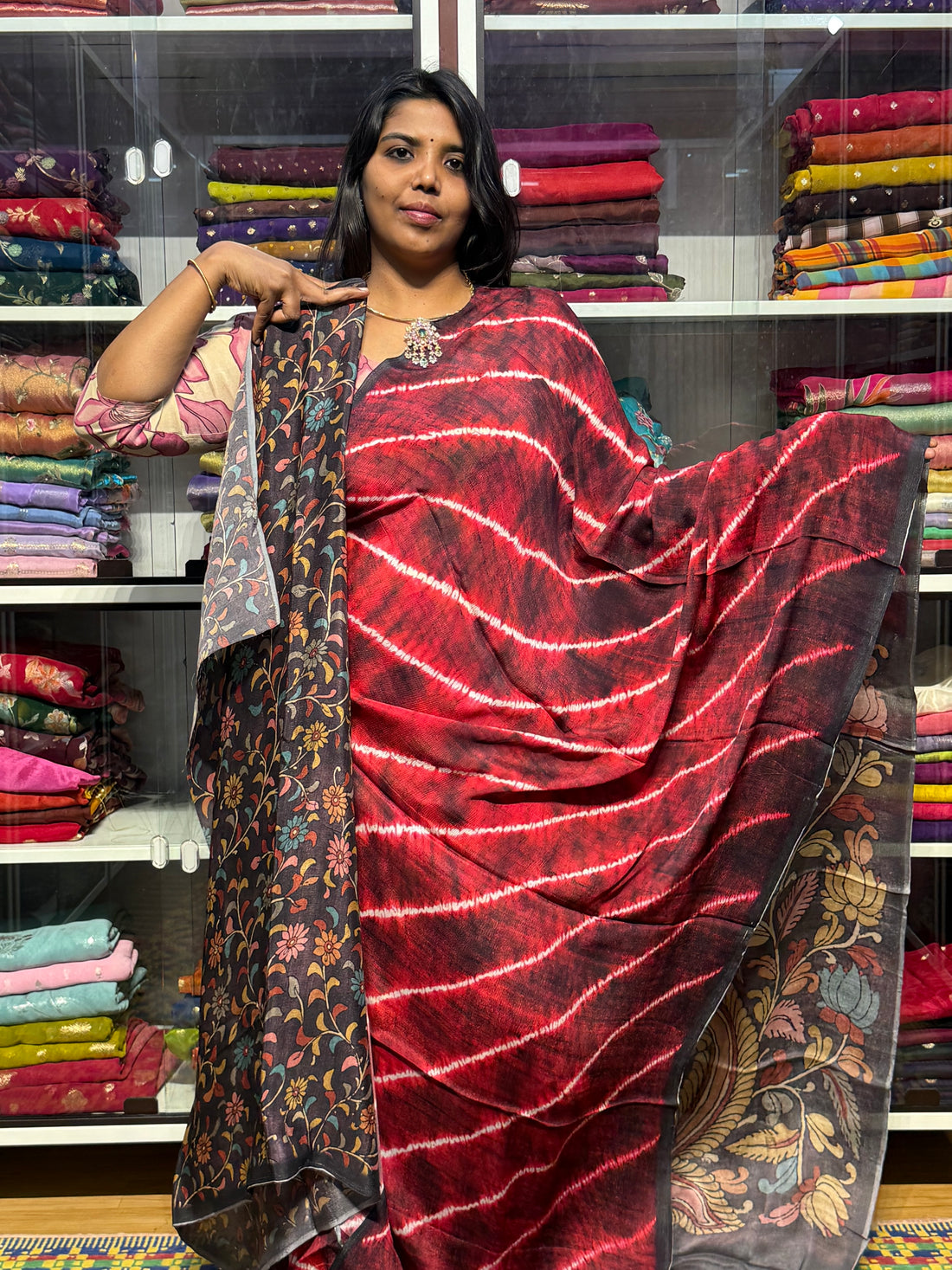 PURE CHIFFON SAREE WITH PENKALAMKARI PALLU AND BLOUSE