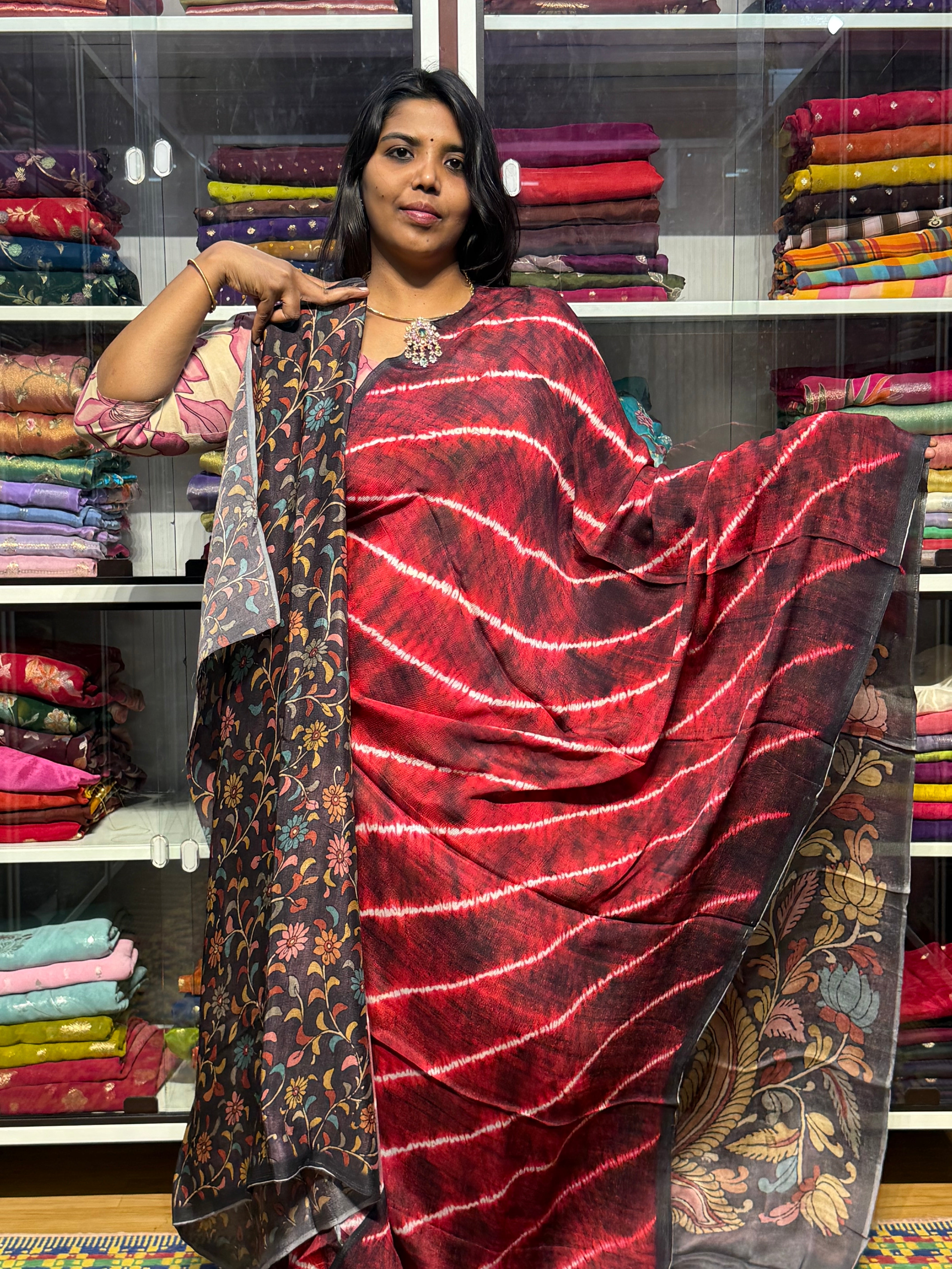 PURE CHIFFON SAREE WITH PENKALAMKARI PALLU AND BLOUSE