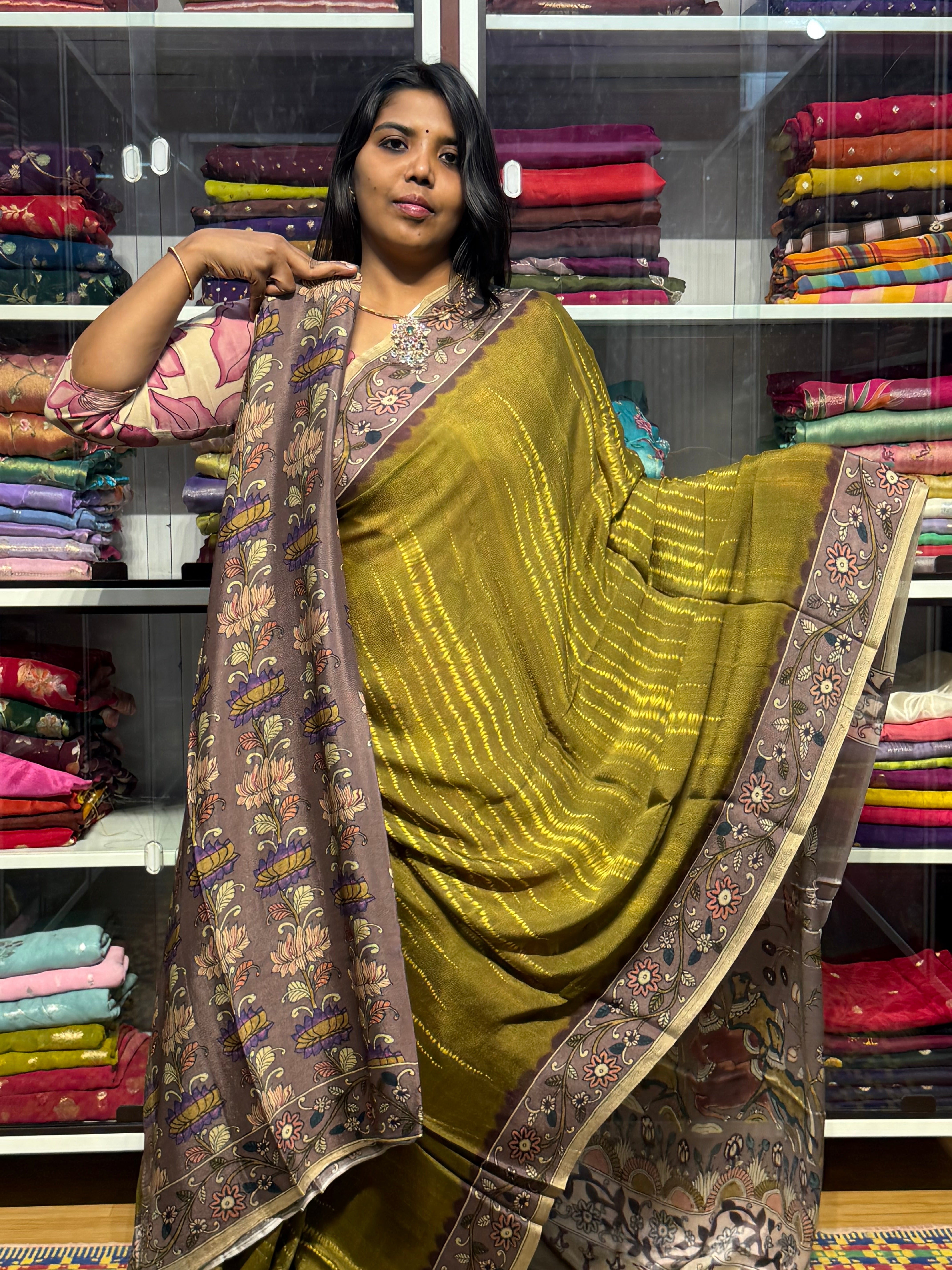 PURE CHIFFON SAREE WITH PENKALAMKARI PALLU AND BLOUSE